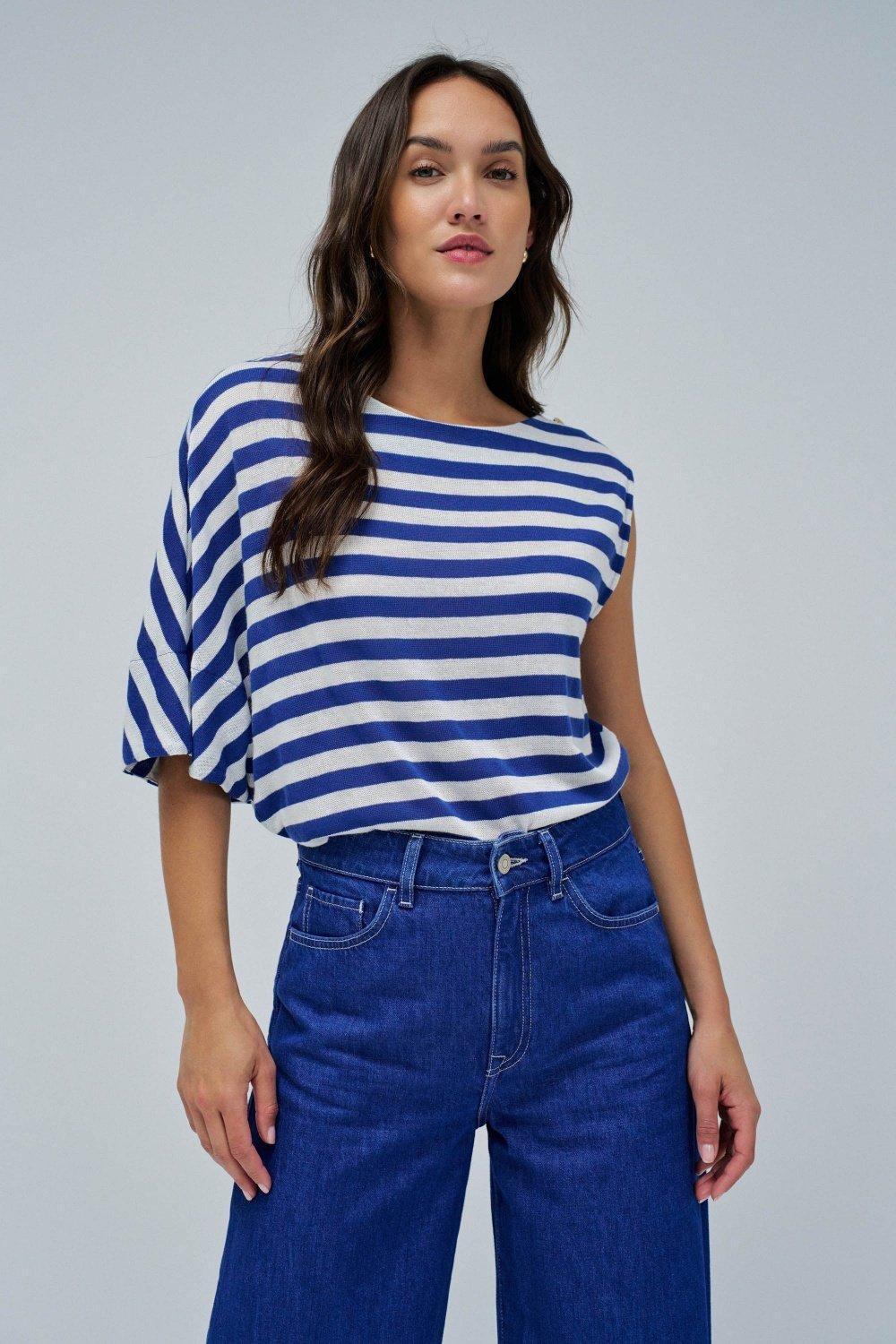 Asymmetric Striped Knit Casual Top, , large image number 0