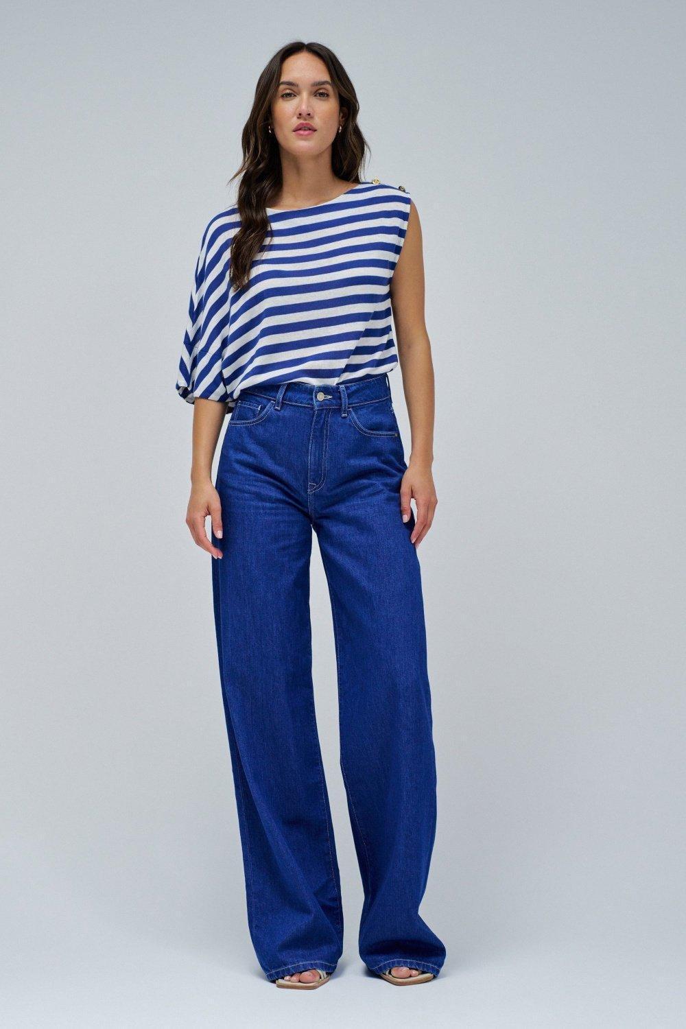 Asymmetric Striped Knit Casual Top, , large image number 1