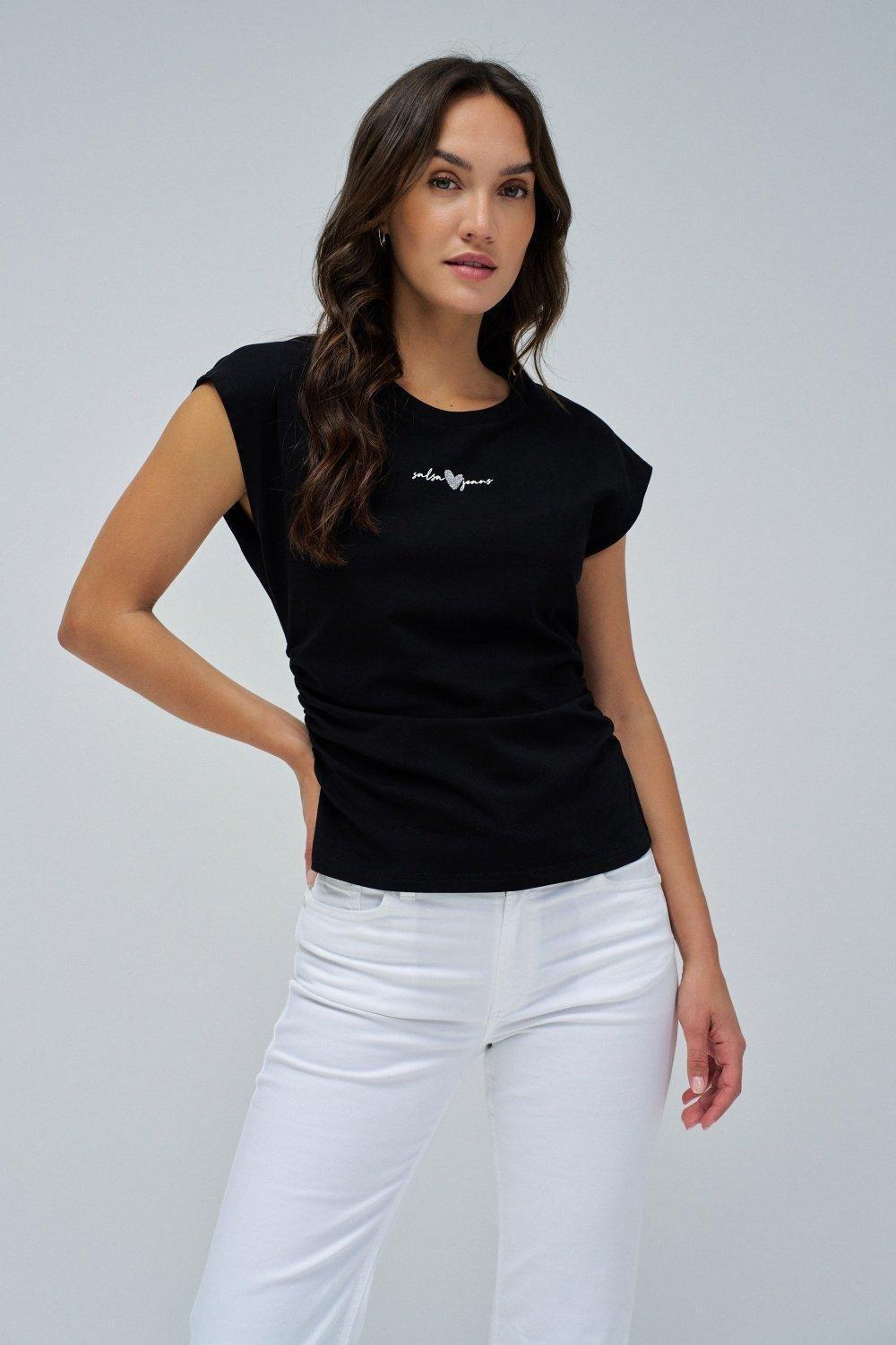 T-Shirt With Gathering , Black, large image number 0