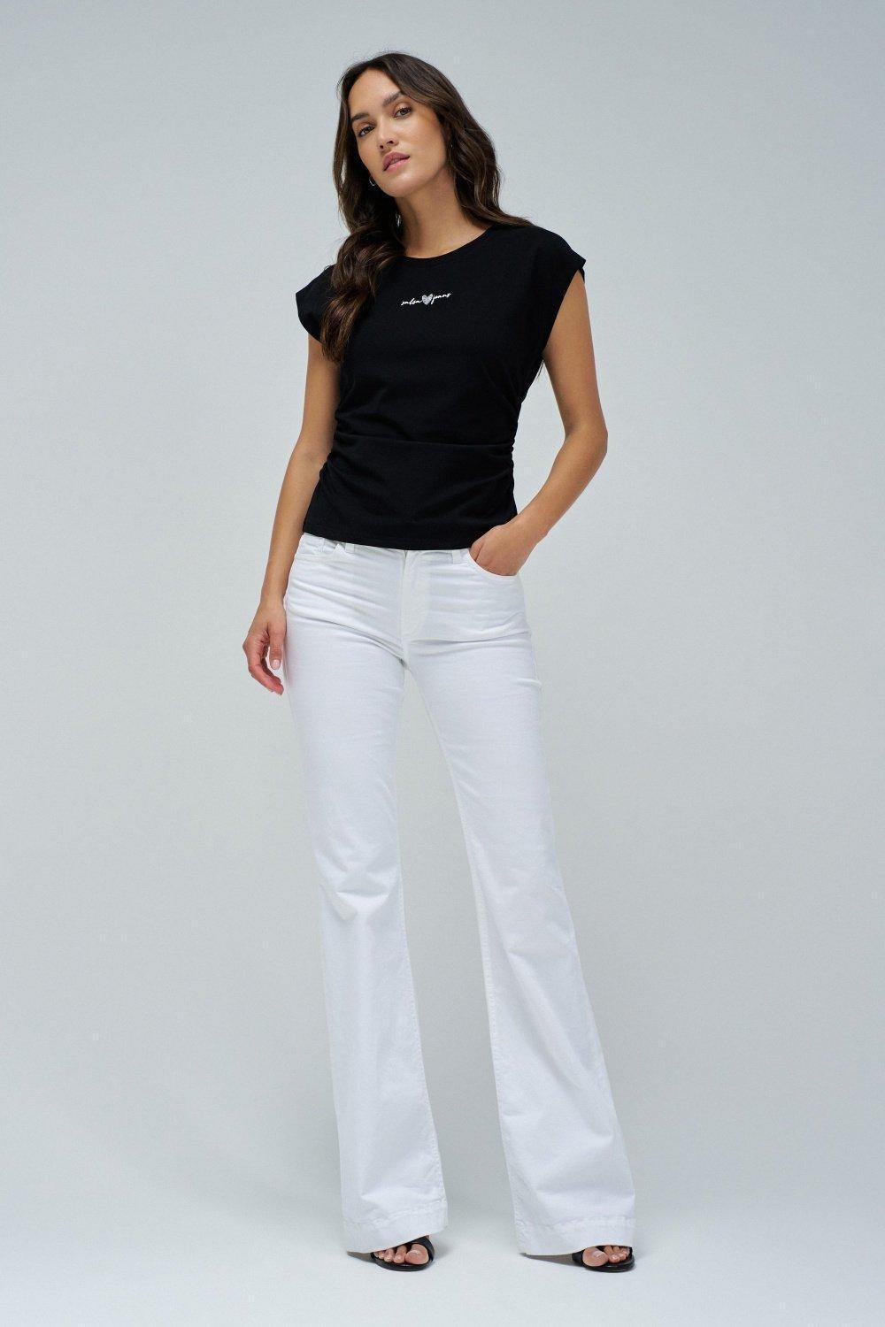 T-Shirt With Gathering , Black, medium