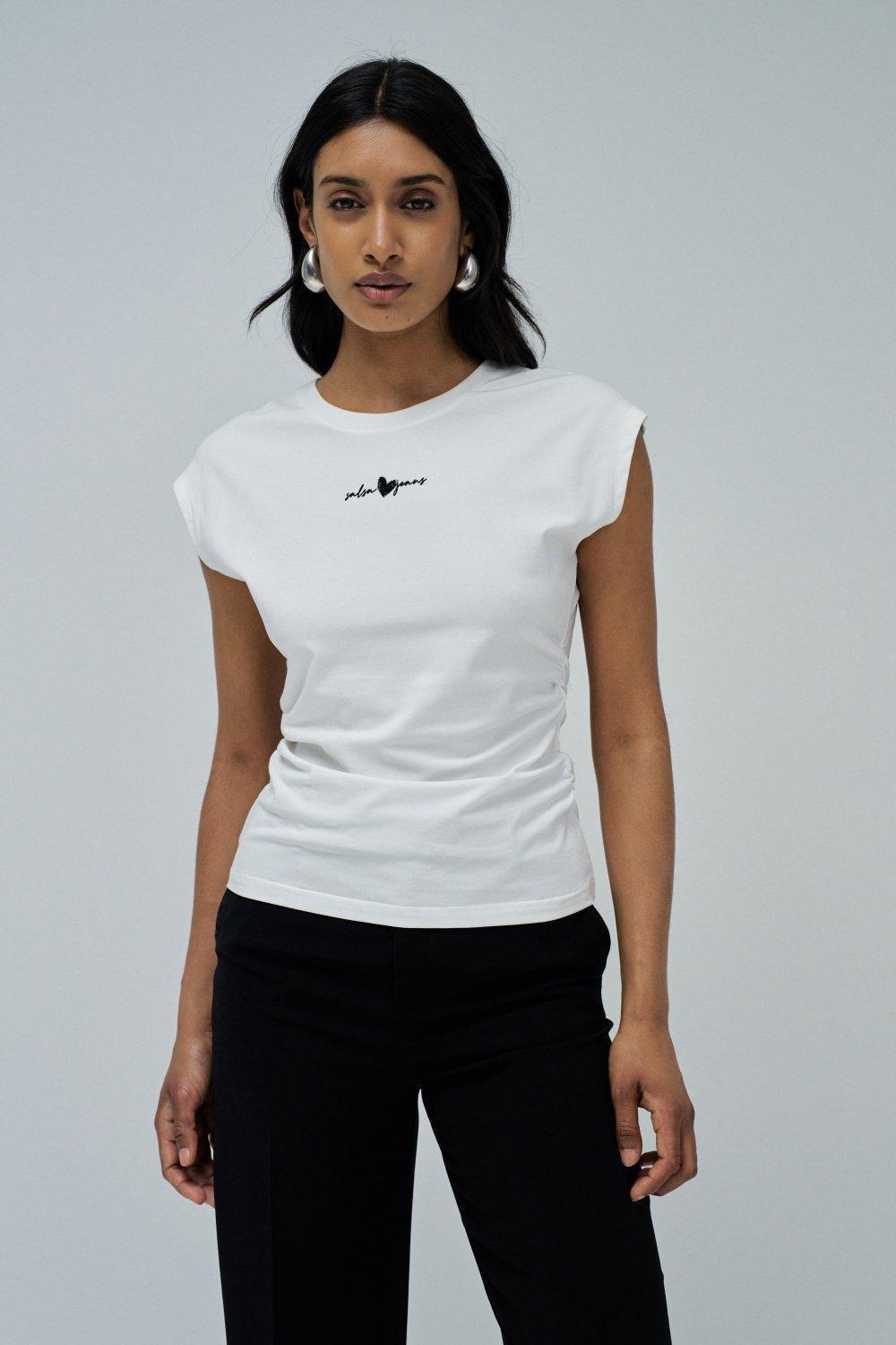T-Shirt With Gathering, White, medium