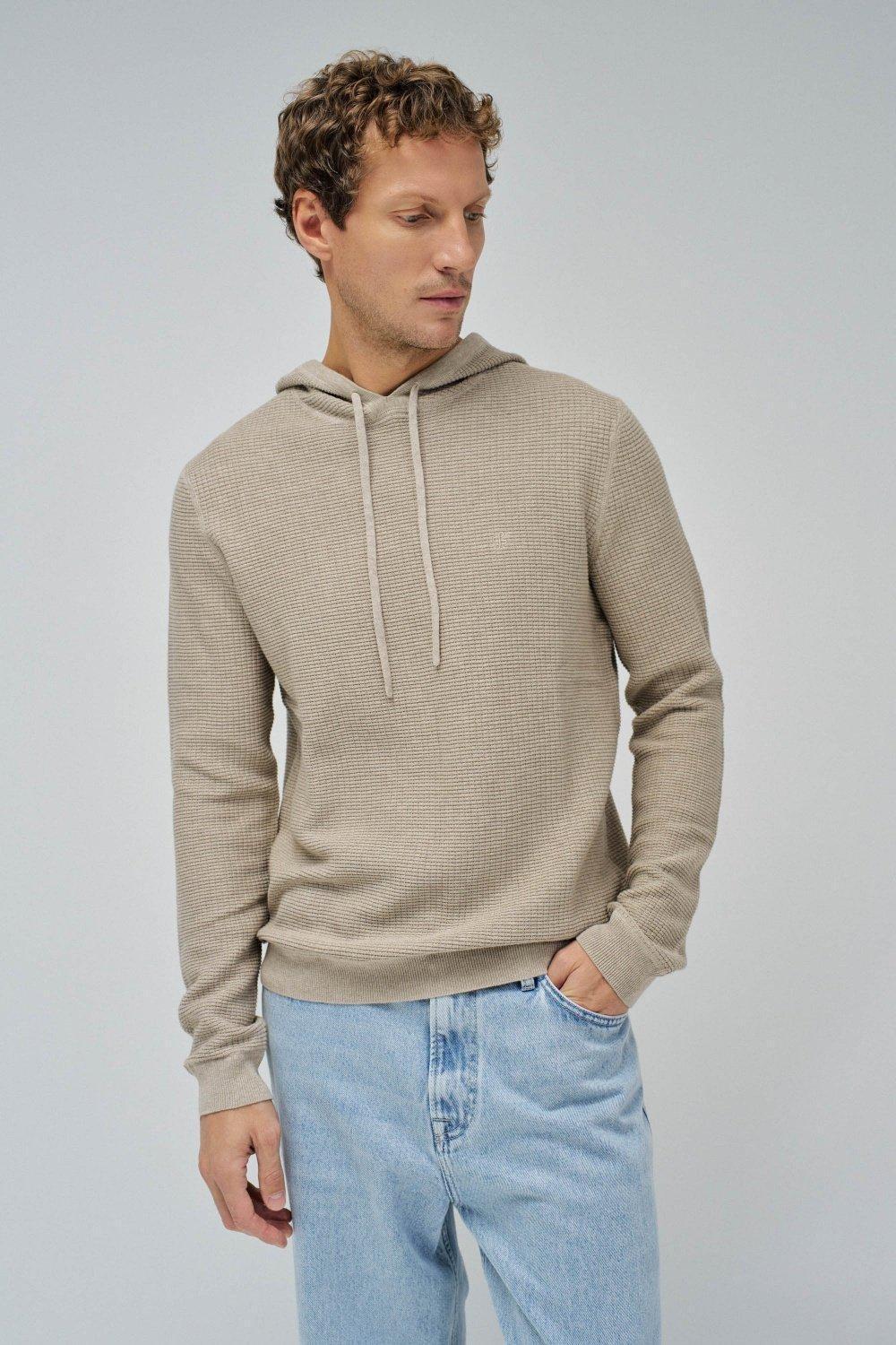 Beige Textured Casual Hoodie, , medium