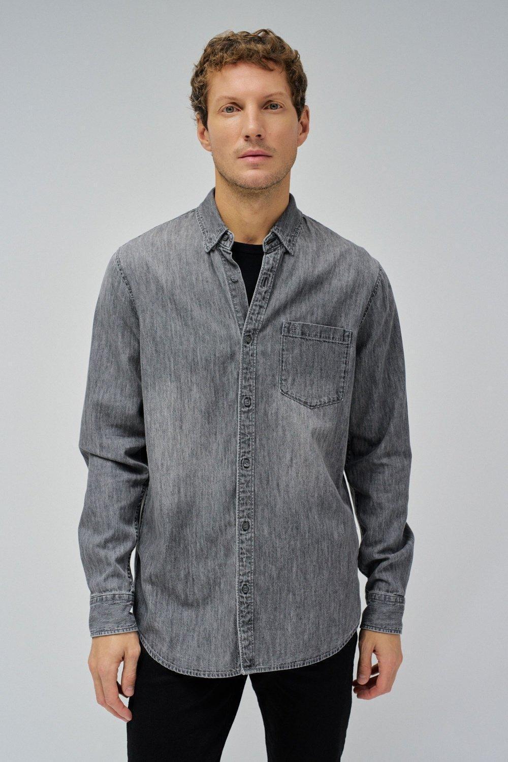 Grey Solid Casual Denim Shirt, , medium