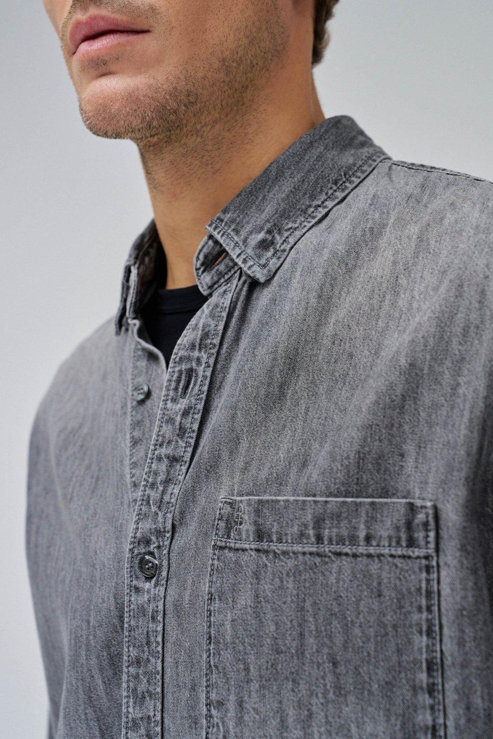 Grey Solid Casual Denim Shirt, , large image number 4