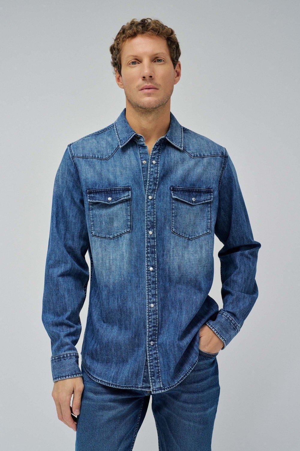 Blue Solid Denim Shirt, , large image number 0