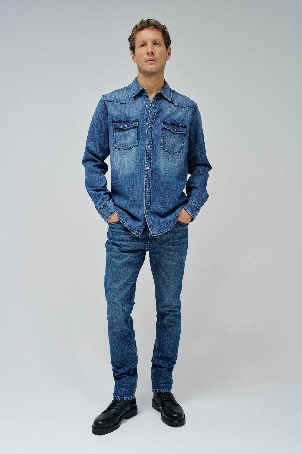 Blue Solid Denim Shirt, , large image number 1