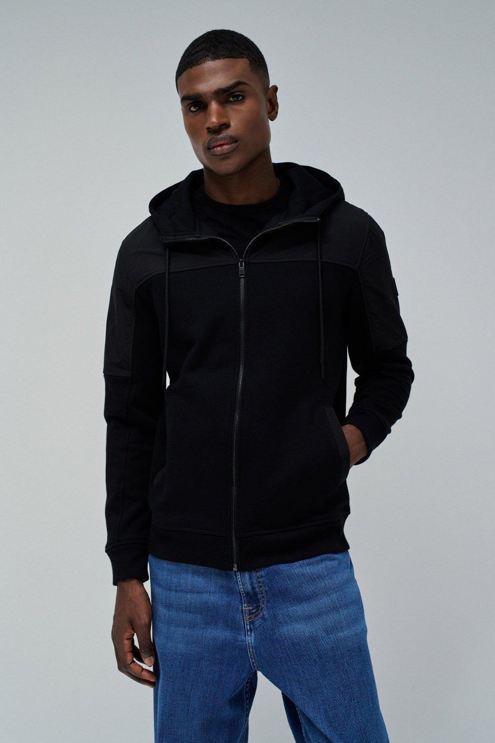 Black Hooded Casual Jacket, , medium