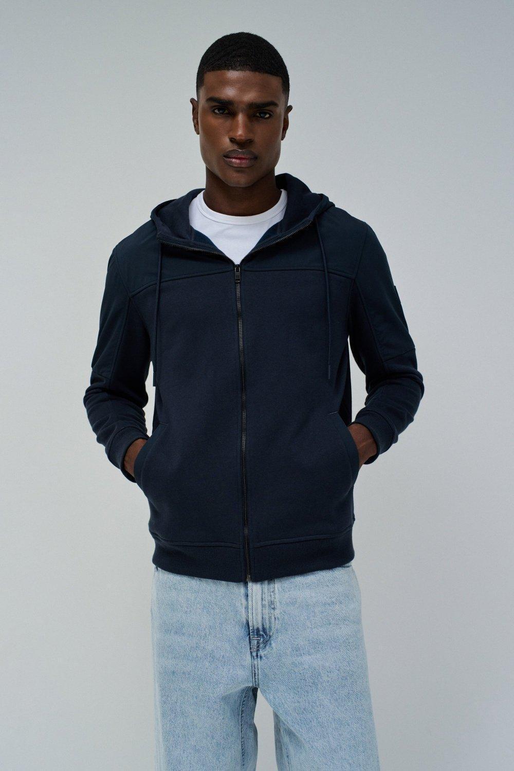 Blue Solid Hooded Jacket, , large image number 0