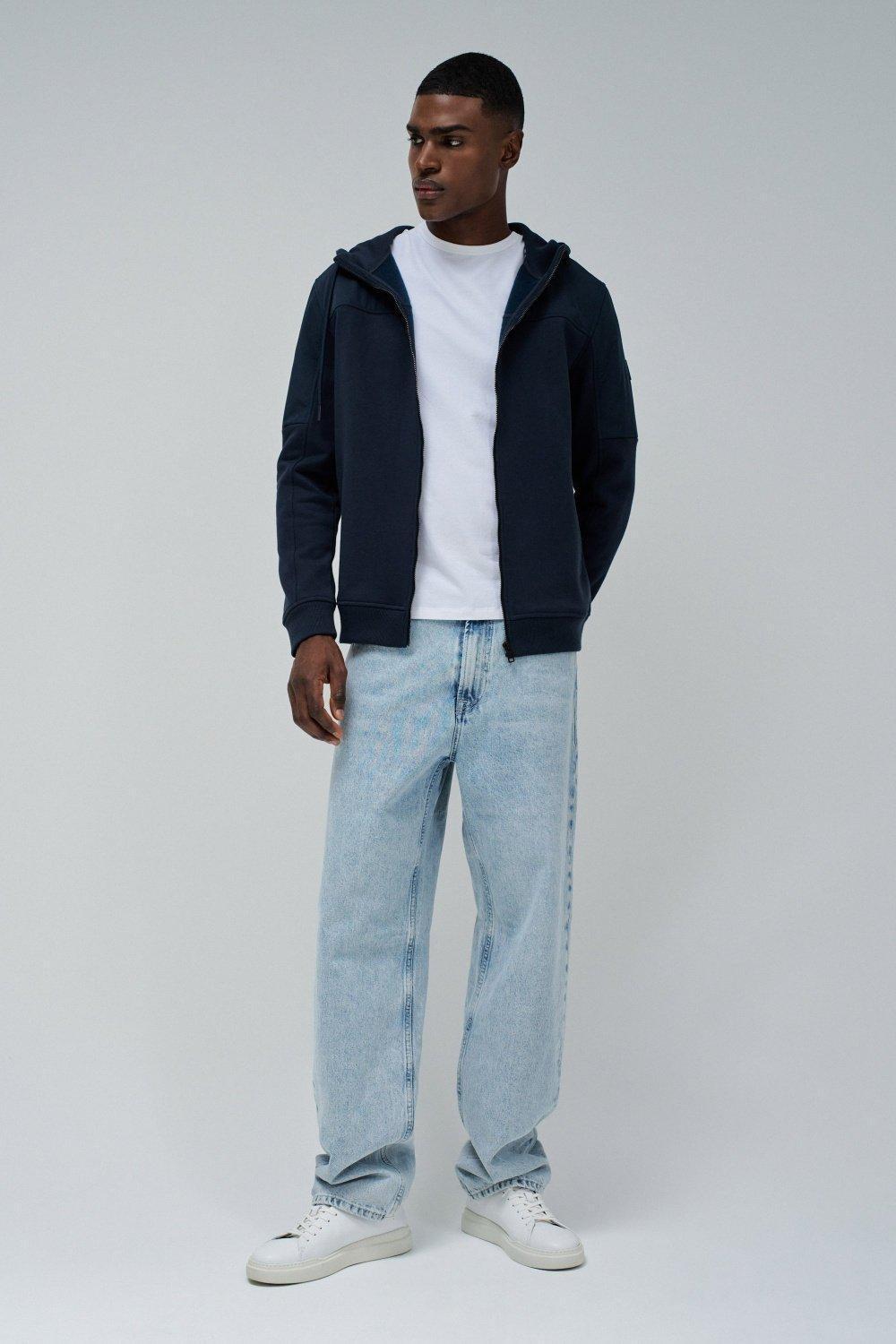 Blue Solid Hooded Jacket, , large image number 1