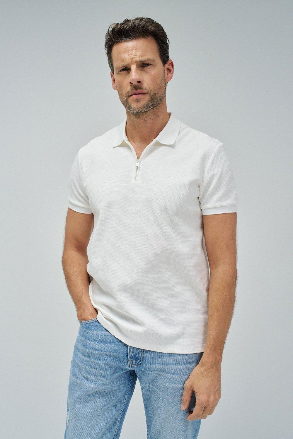 Textured Polo With Fastening, Pearl, medium