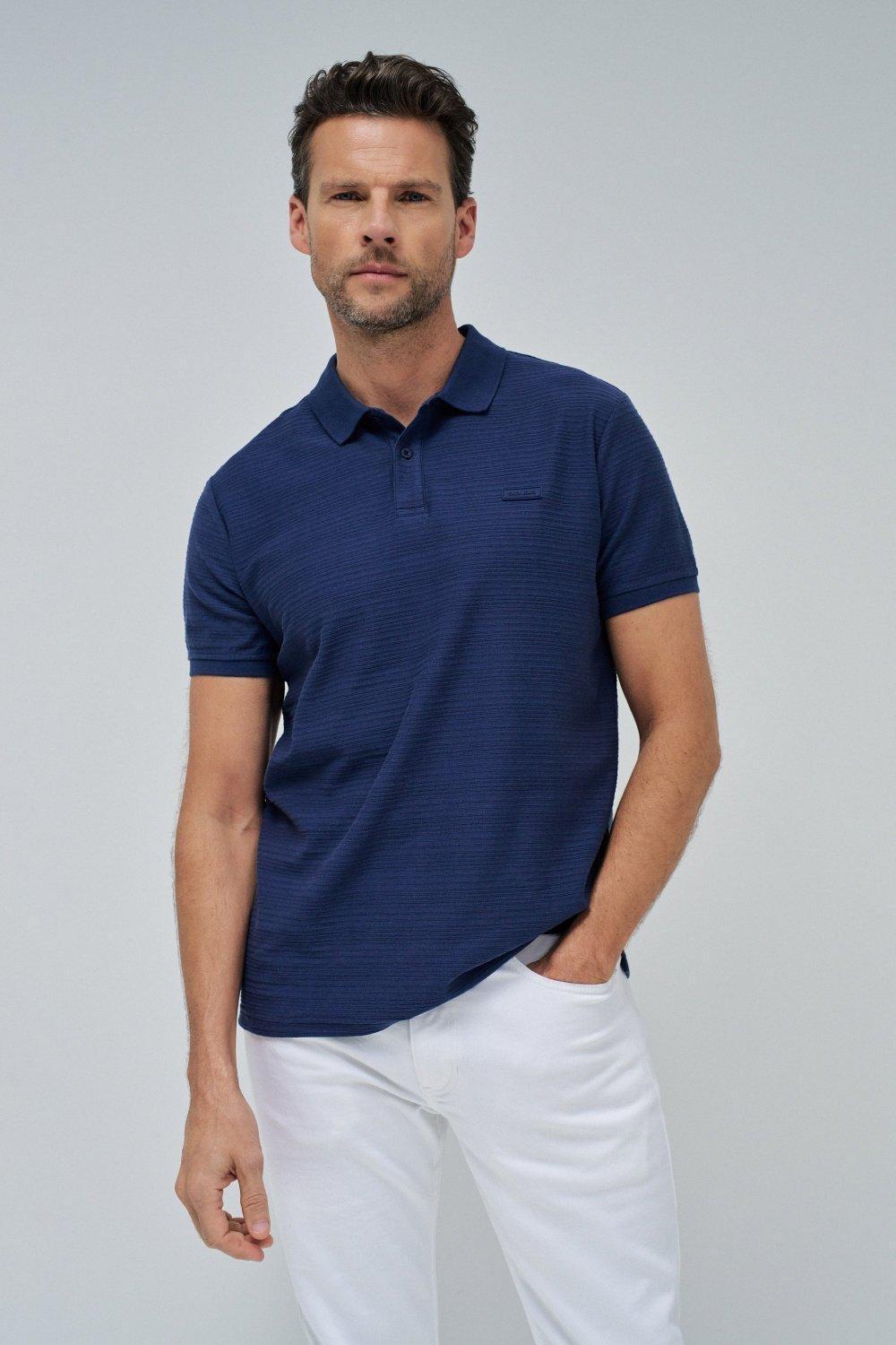 Blue Textured Cotton Pique Polo, , large image number 0