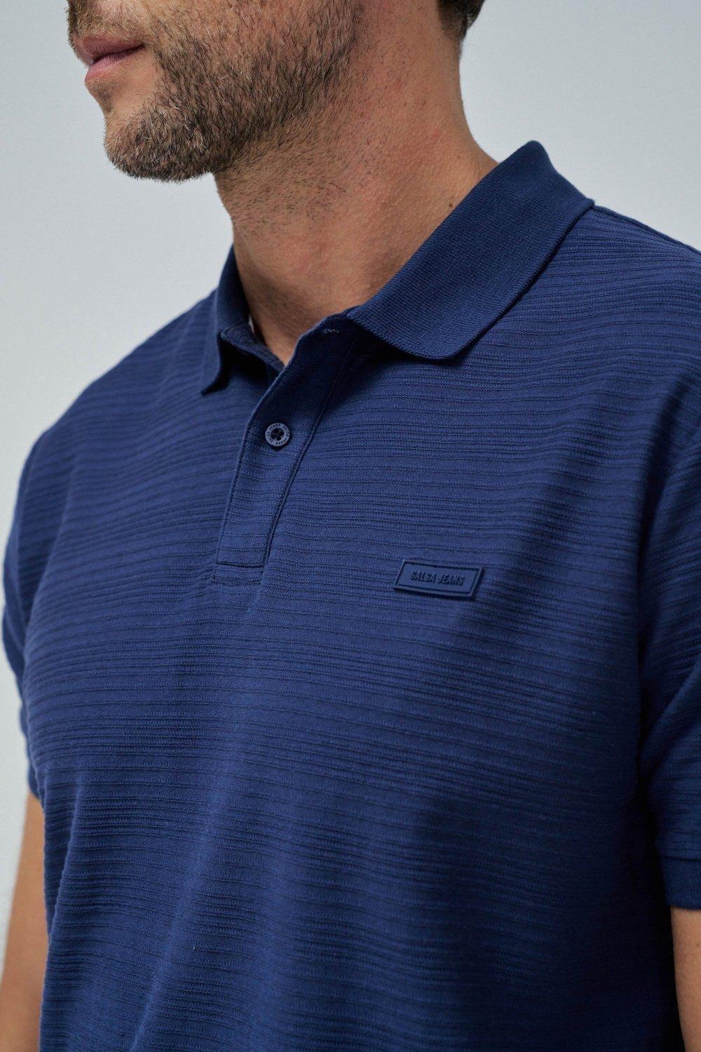 Blue Textured Cotton Pique Polo, , large image number 4