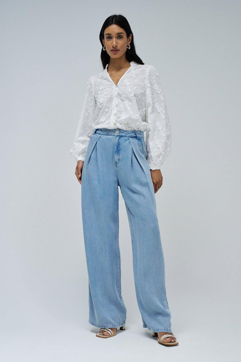 Chino In Light Denim With Wide Leg , Blue, medium