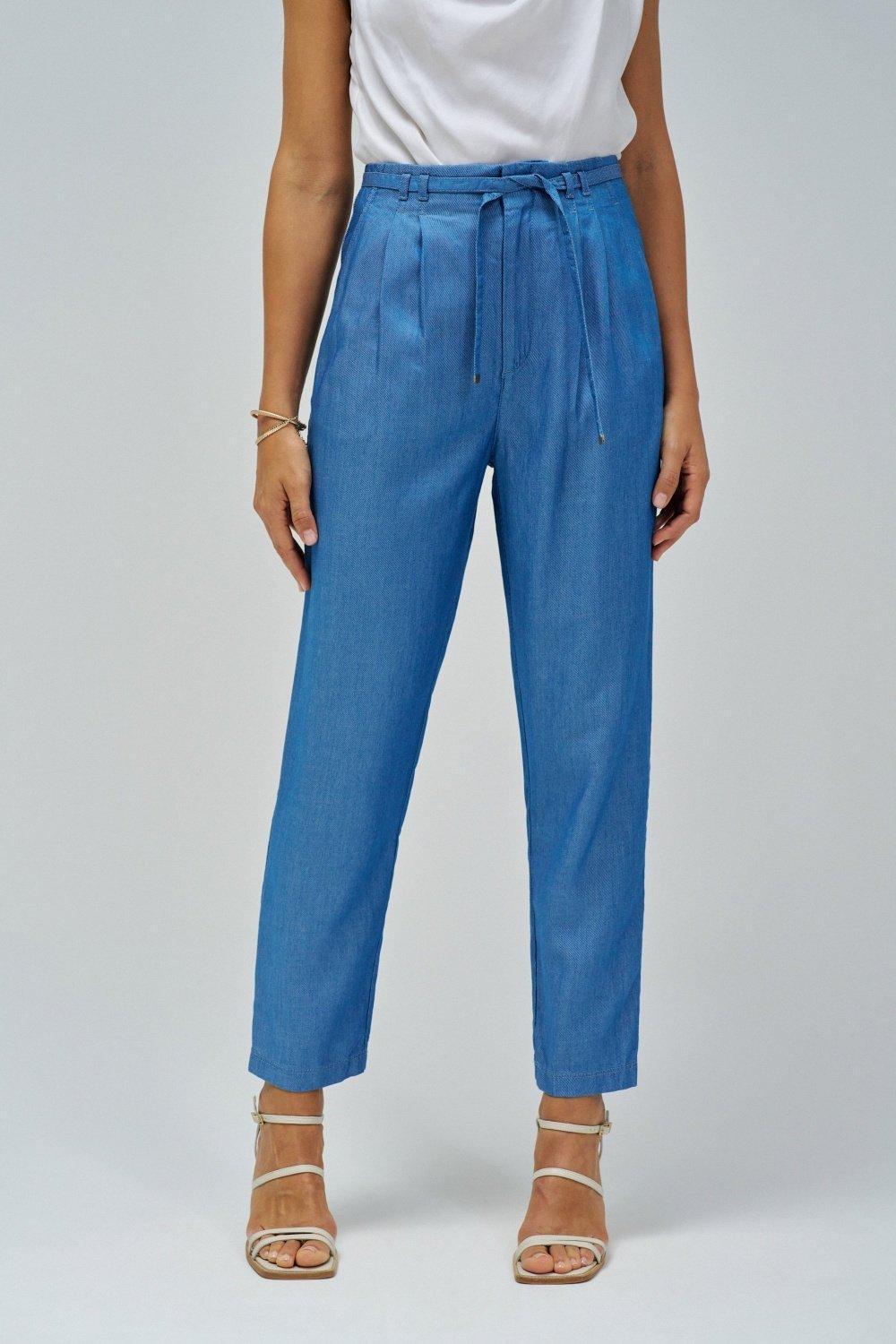 Plain Casual Cropped Trousers, Blue, large image number 0