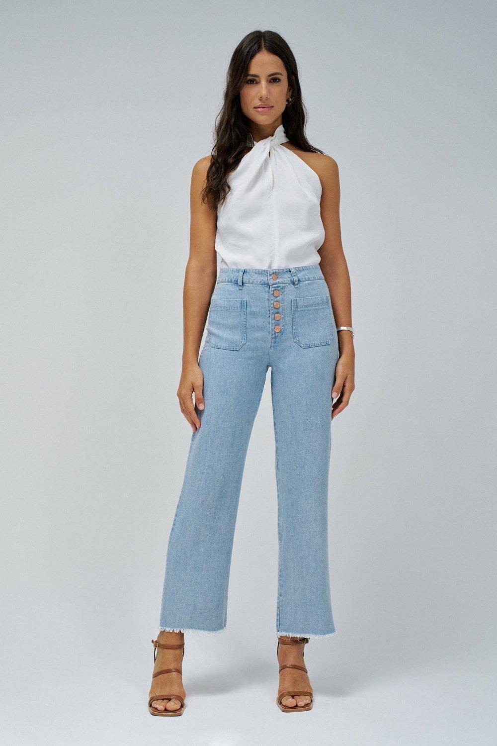 Cropped Straight Lightdenim Trousers, Navy, large image number 1