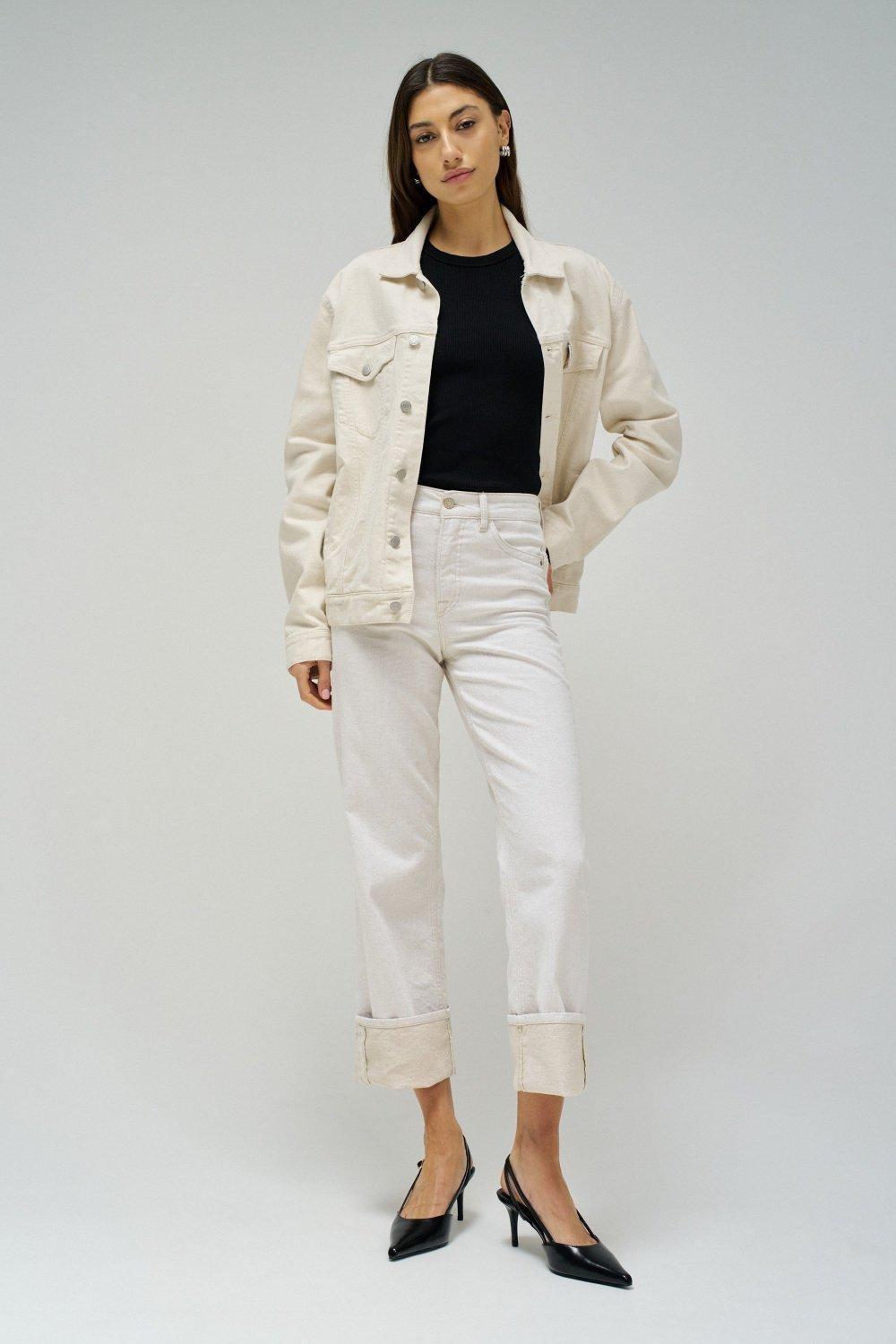 Push-In Straight Jeans, Beige, large image number 1