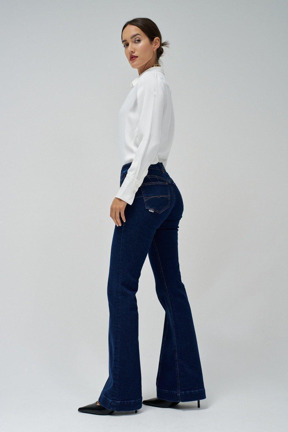 Blue Plain Dark Wash Flare Jeans, , large image number 2