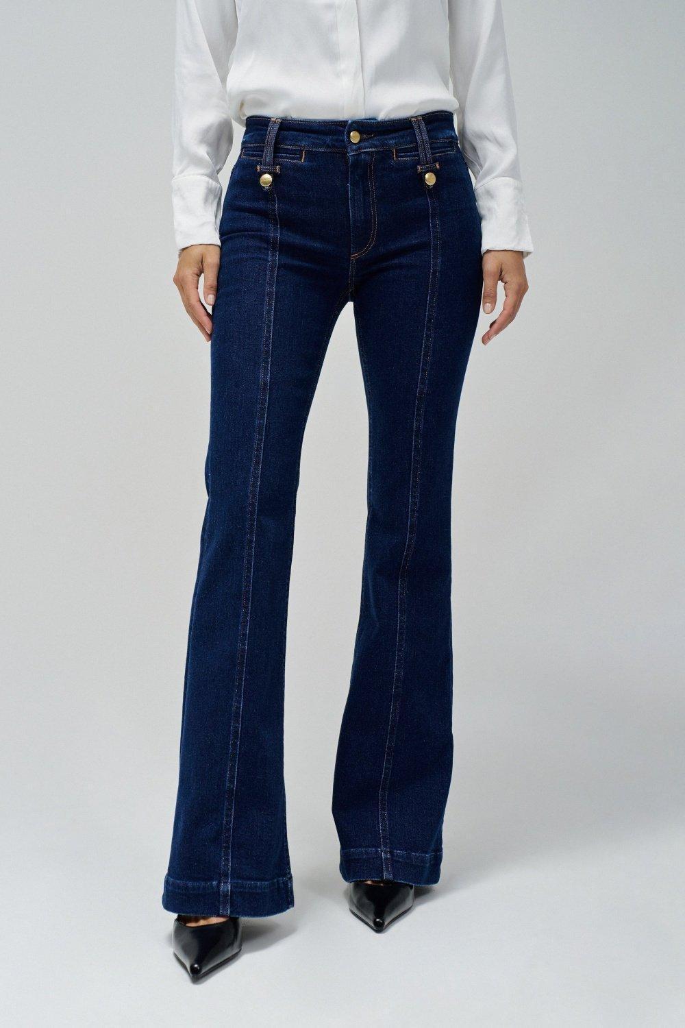 Destiny Push Up Flare Jeans With Gold Buttons, Navy, medium