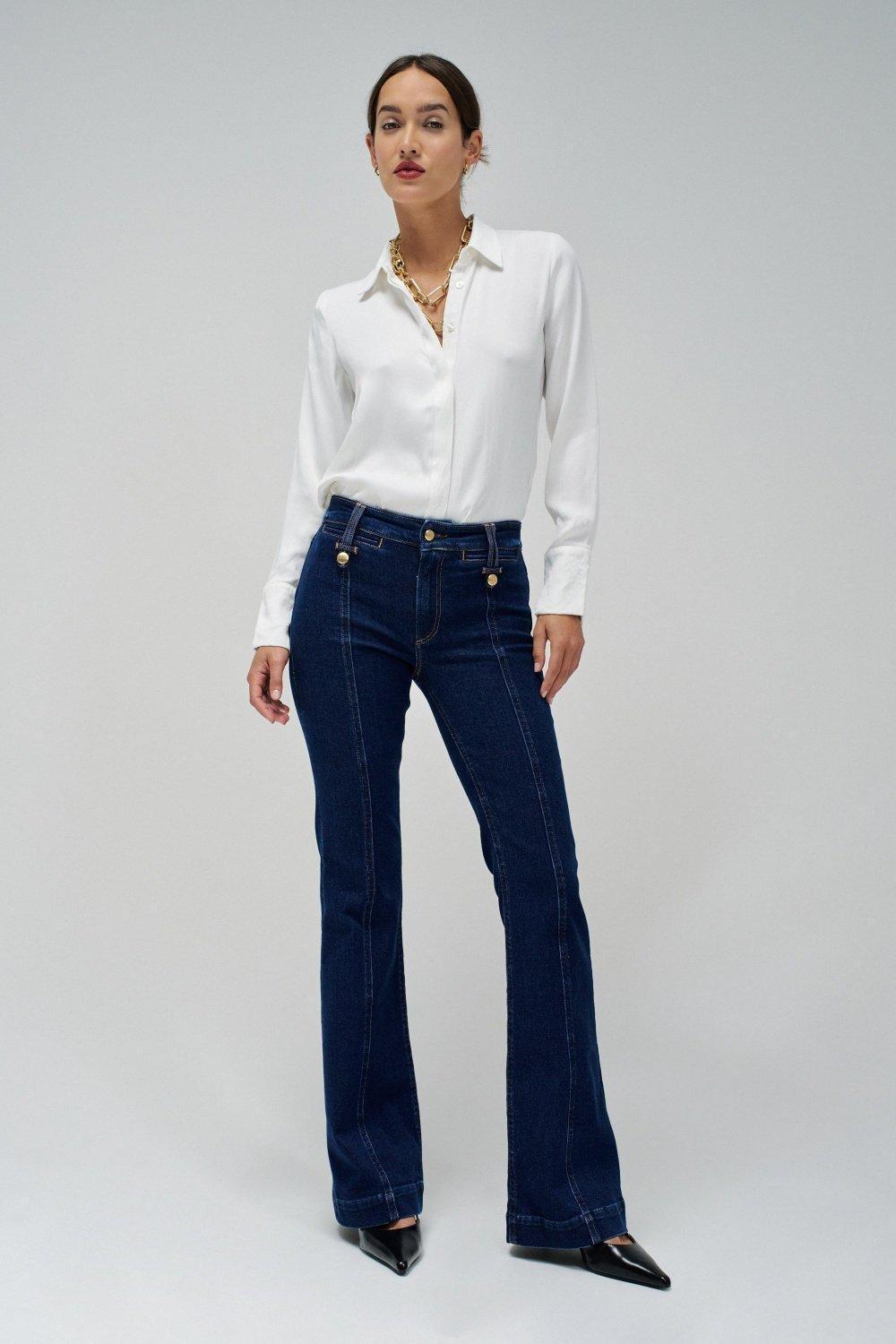 Destiny Push Up Flare Jeans With Gold Buttons, Navy, medium