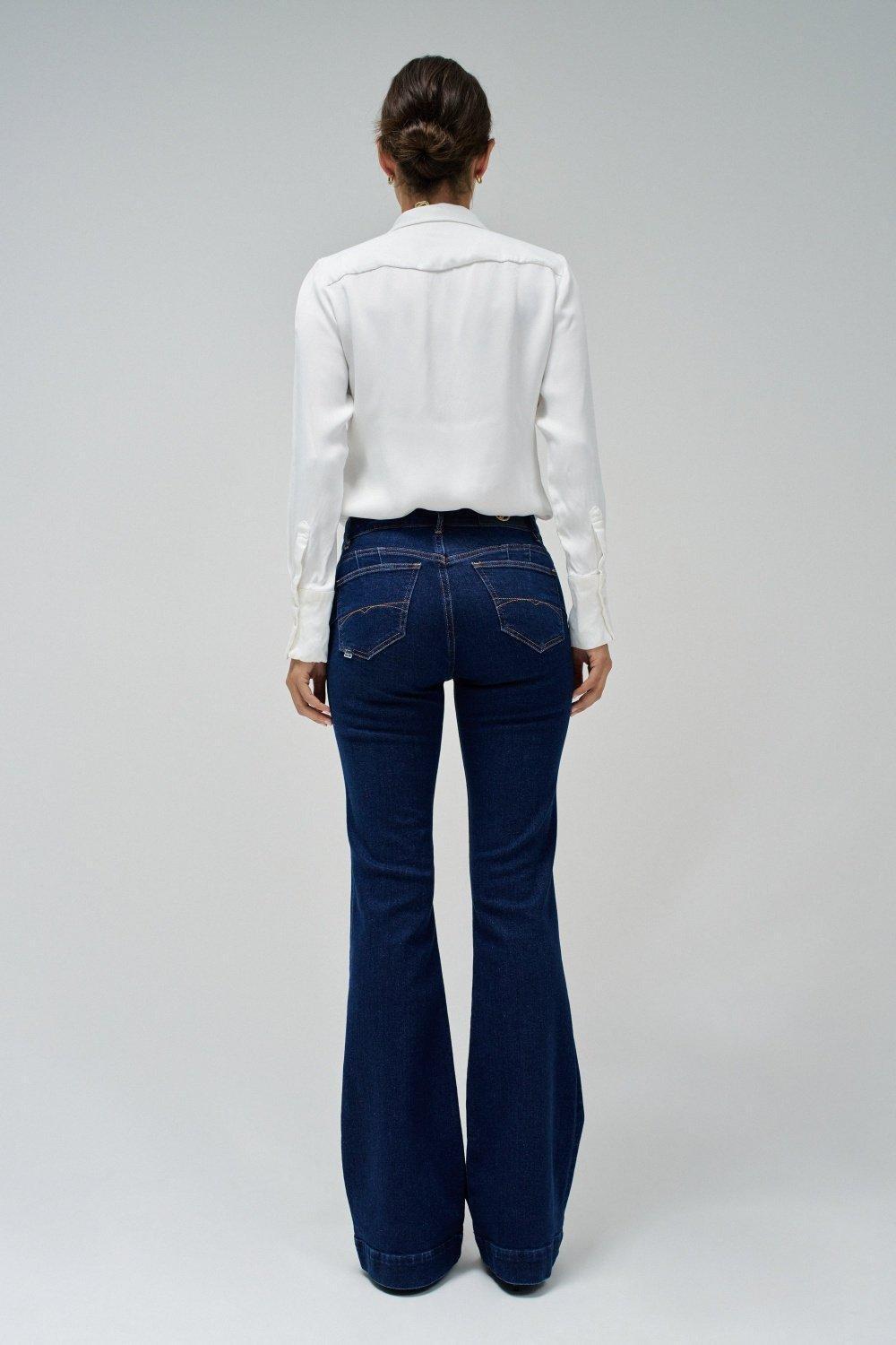 Destiny Push Up Flare Jeans With Gold Buttons, Navy, large image number 3