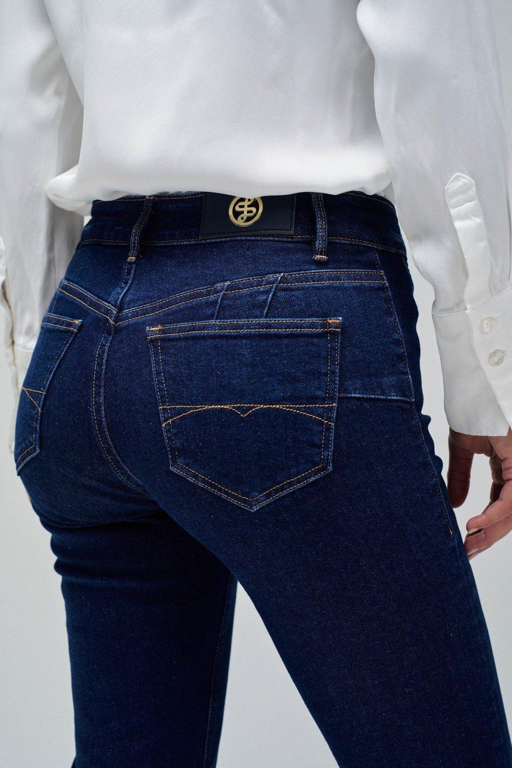 Destiny Push Up Flare Jeans With Gold Buttons, Navy, large image number 4