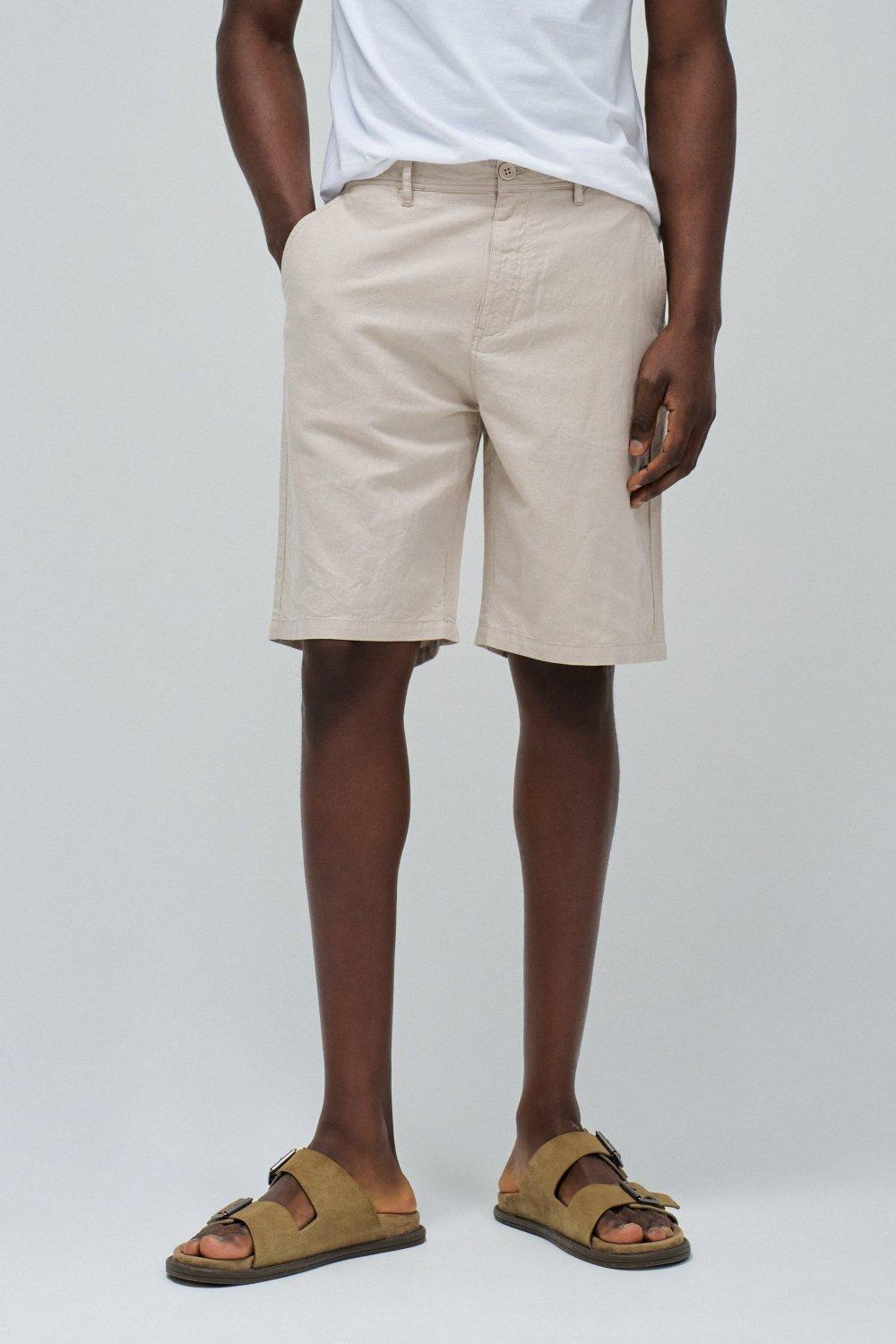 White Linen Blend Shorts, , medium