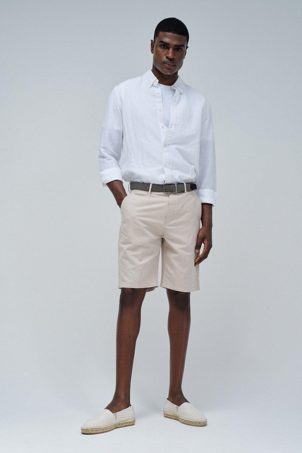 White Linen Blend Shorts, , large image number 1