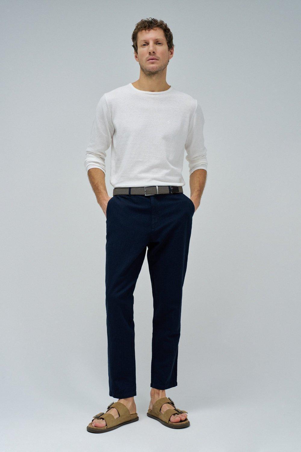 Chino Trousers With Linen Blend&nbsp;, Navy, medium