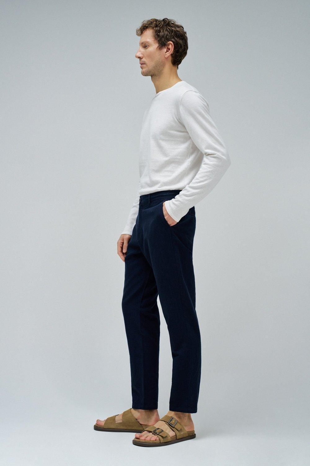 Chino Trousers With Linen Blend&nbsp;, Navy, medium
