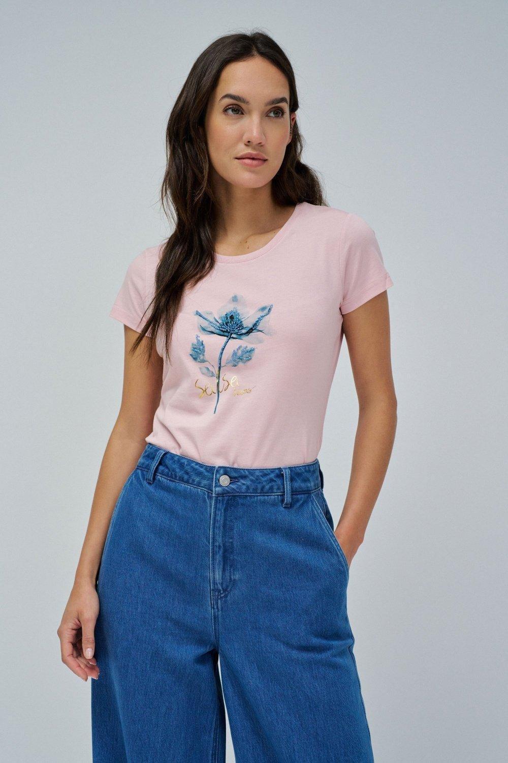 PINK T-SHIRT WITH PRINT AND BEADS, , medium