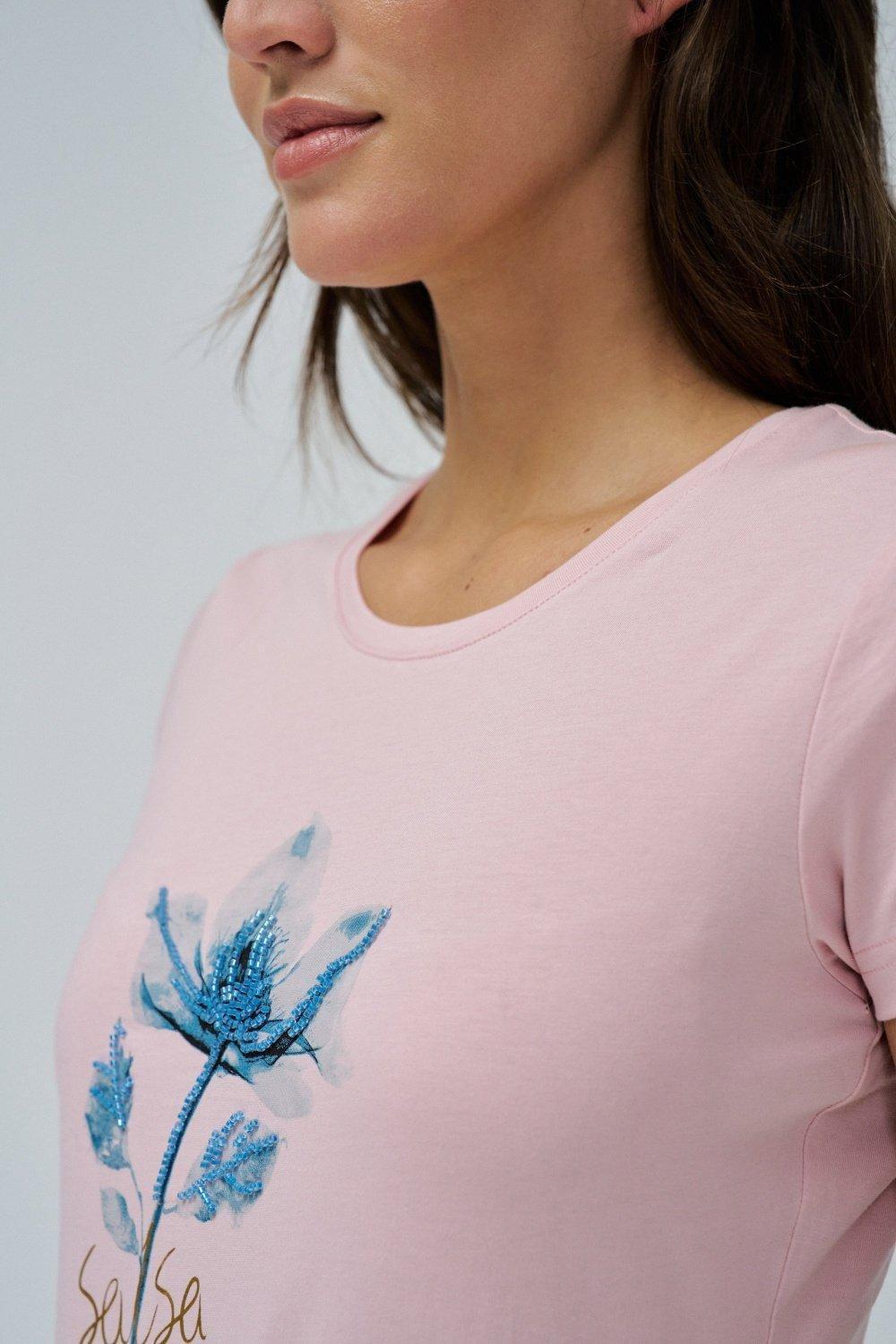 PINK T-SHIRT WITH PRINT AND BEADS, , large image number 4