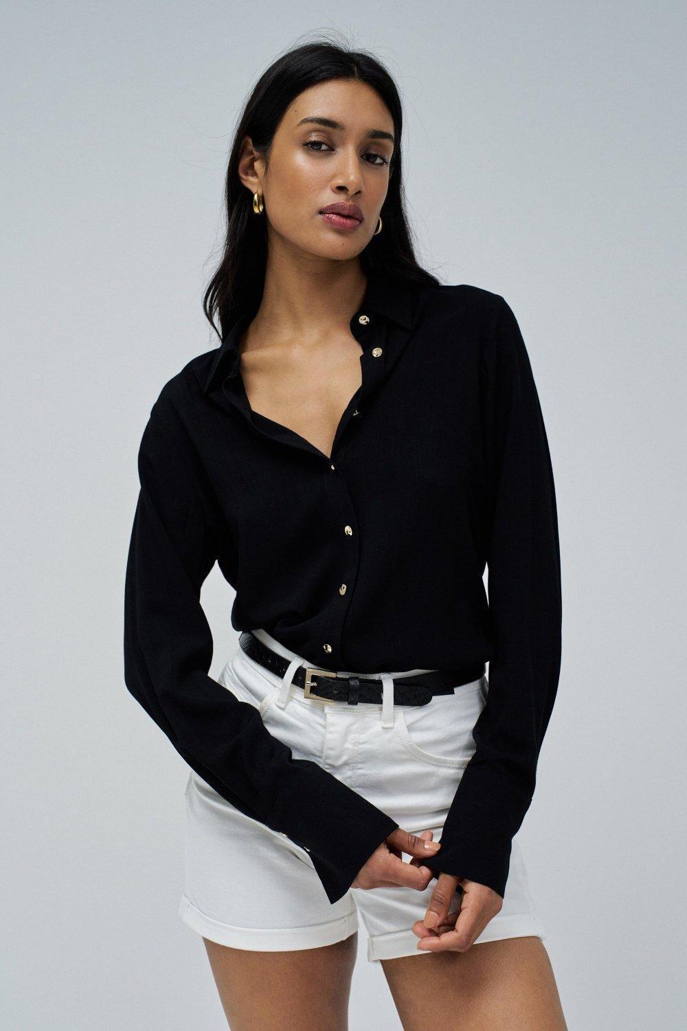 Black Plain Button Down Shirt, , medium