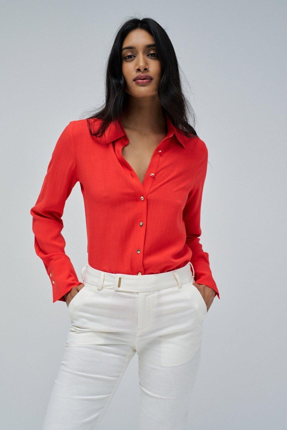 Red Plain Button Down Shirt, , medium
