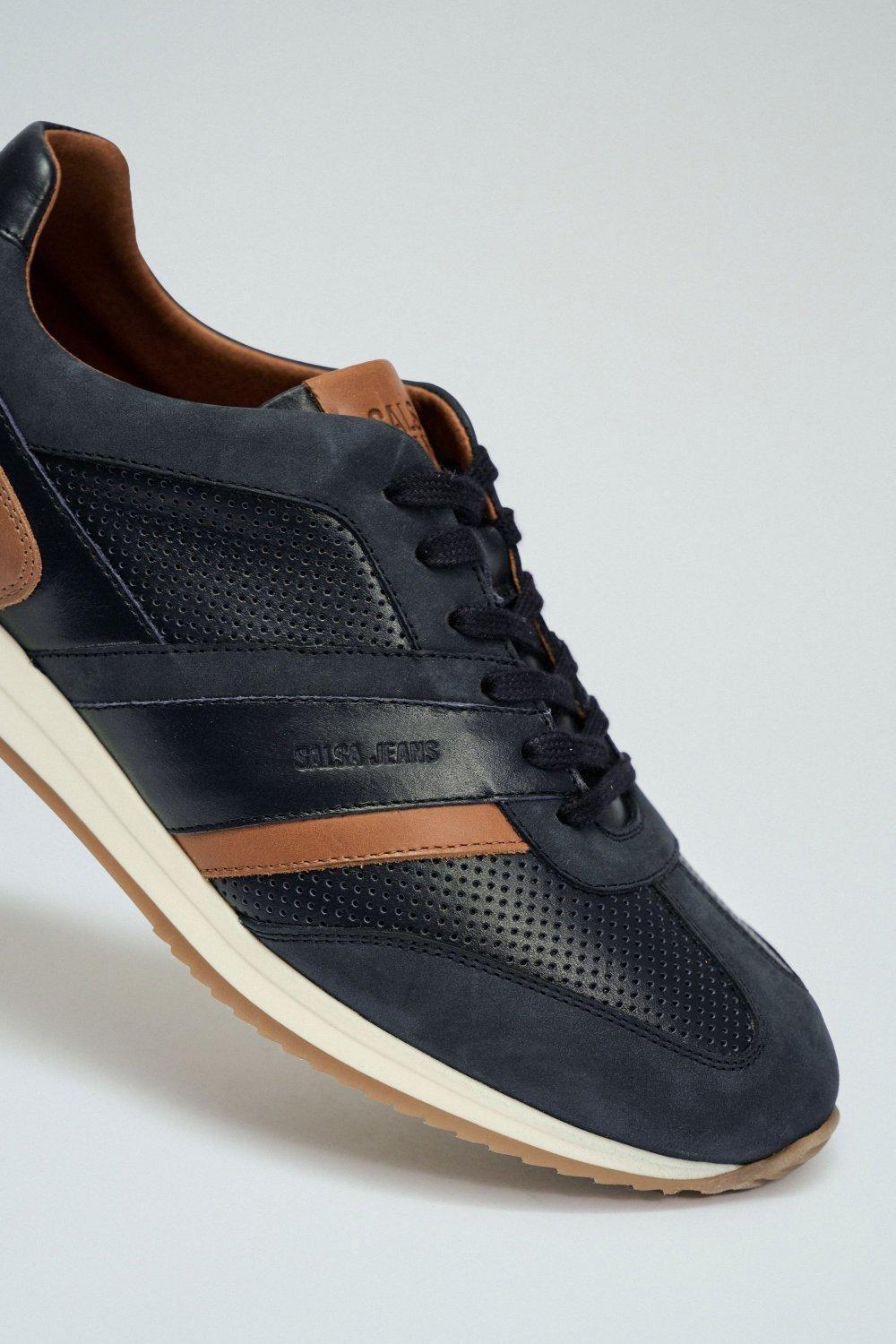 Leather And Suede Trainers, Navy, large image number 1