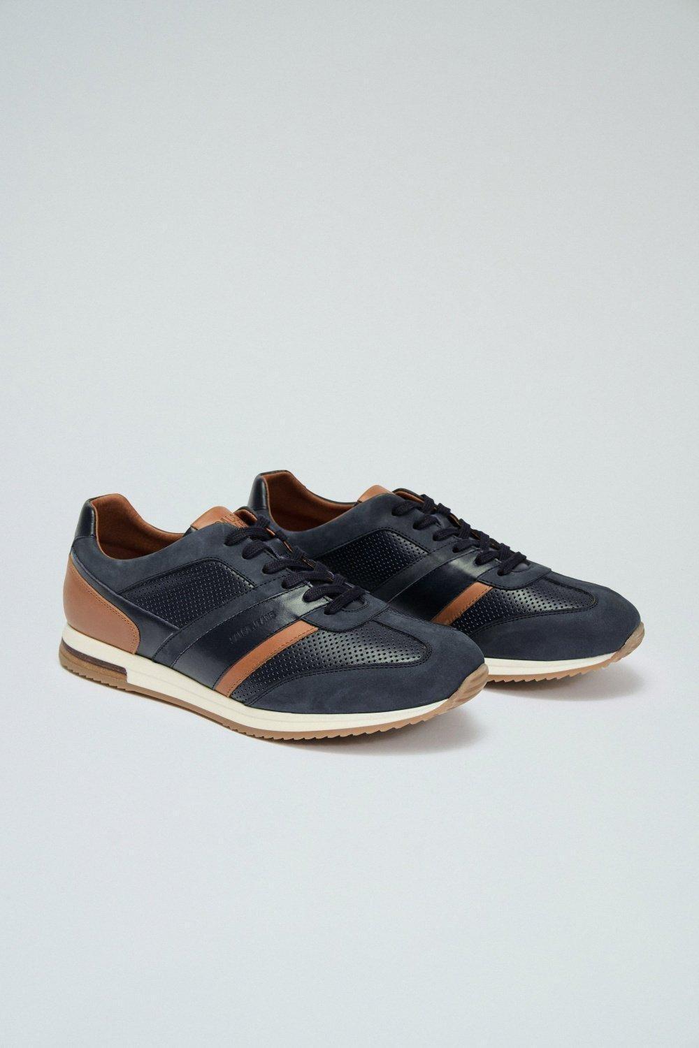 Leather And Suede Trainers, Navy, large image number 2