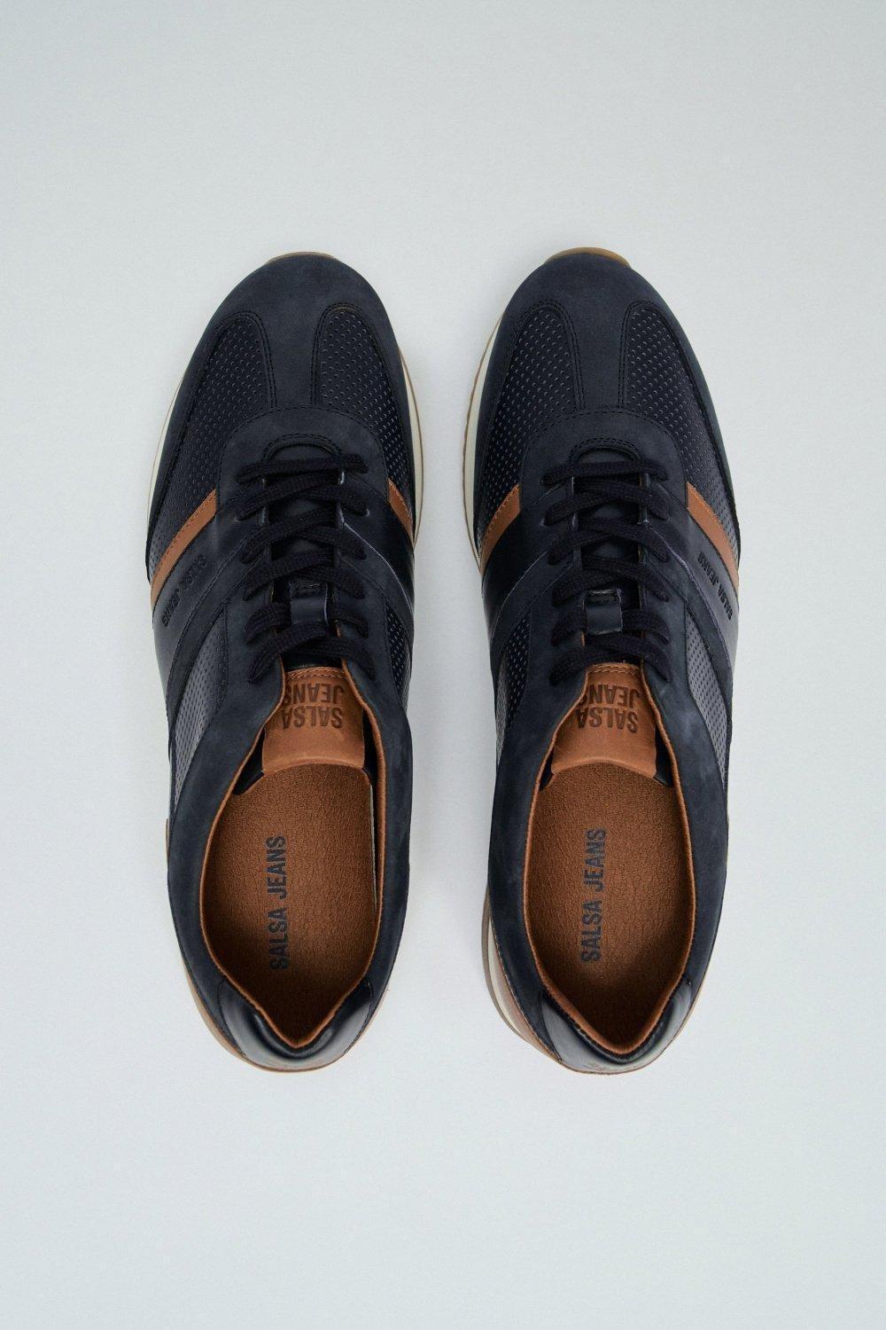 Leather And Suede Trainers, Navy, large image number 3