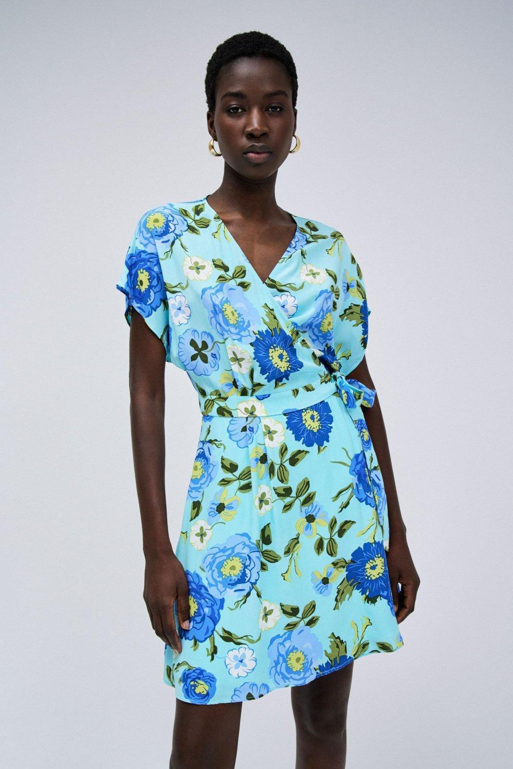 Blue Wrapped Floral Dress, , large image number 0