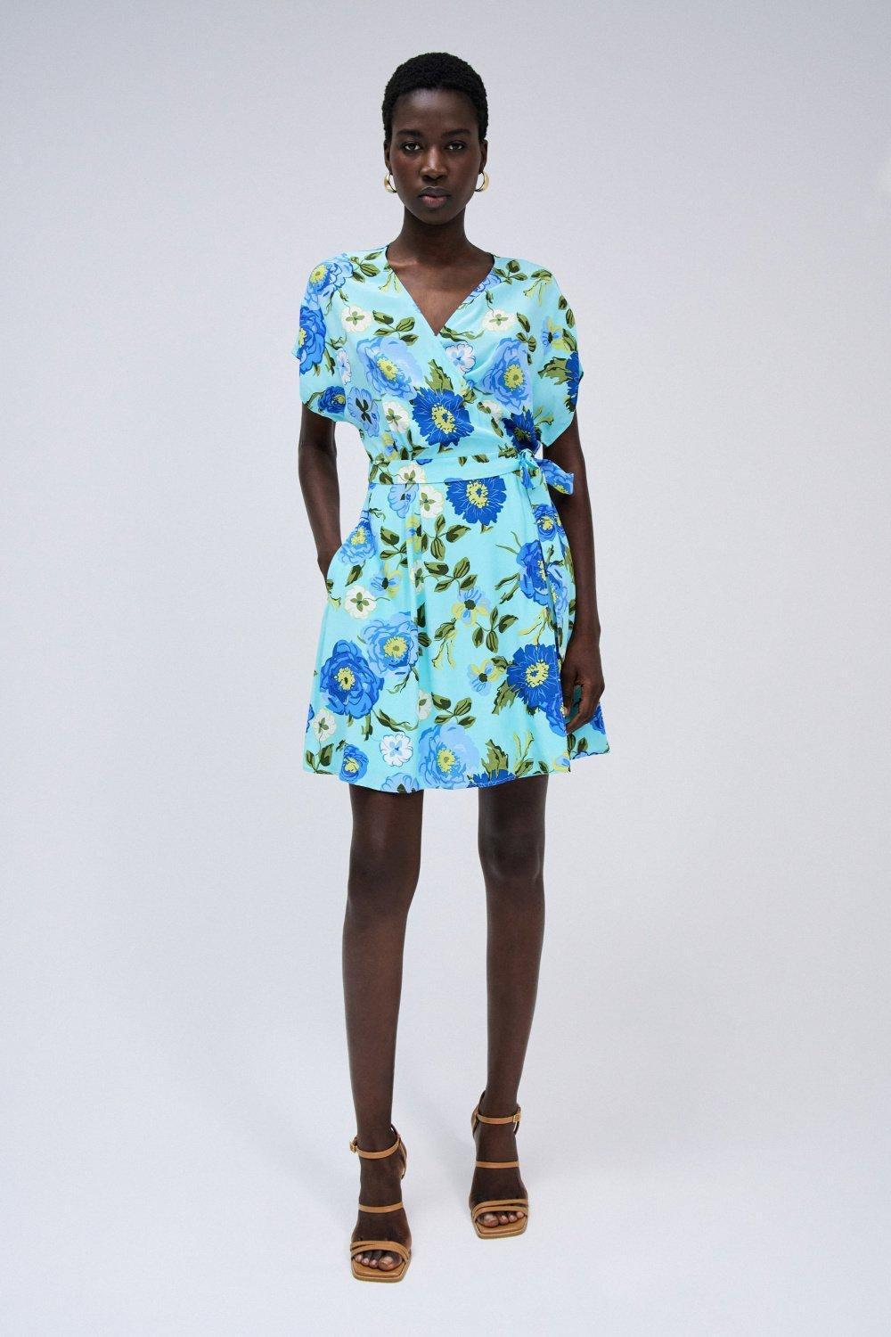 Blue Wrapped Floral Dress, , large image number 1