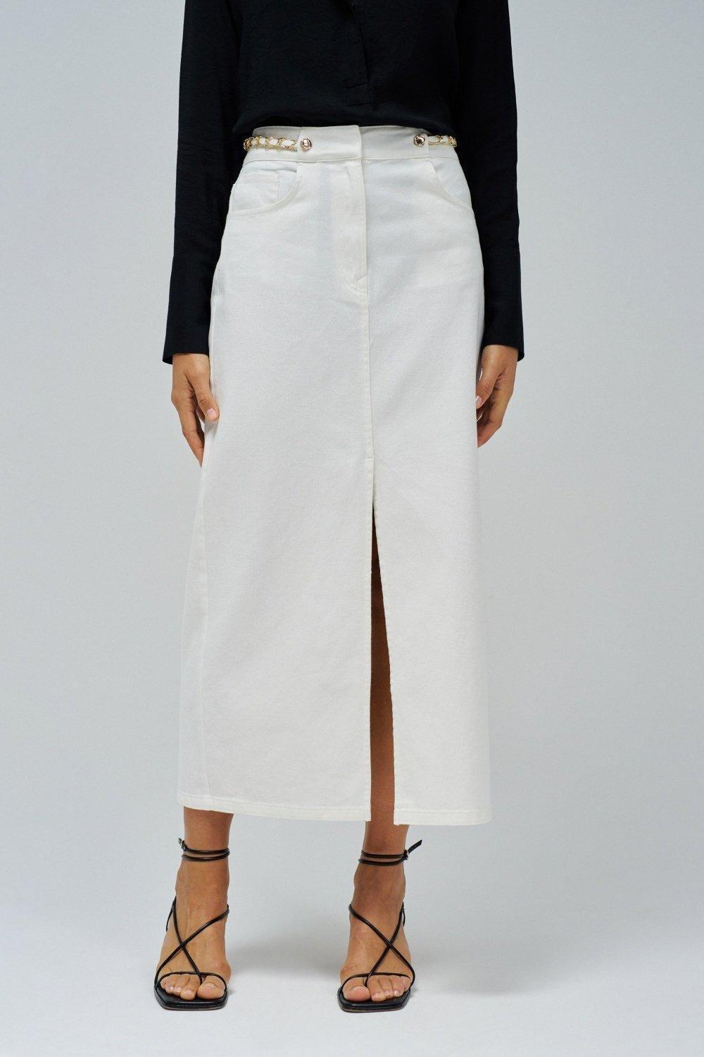 True Midi Denim Skirt, White, large image number 0