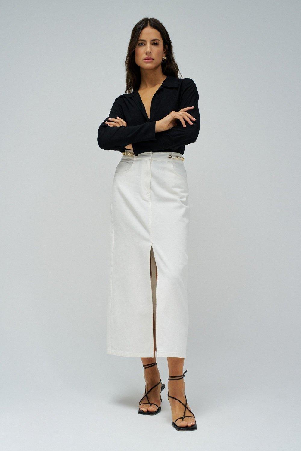 True Midi Denim Skirt, White, large image number 1