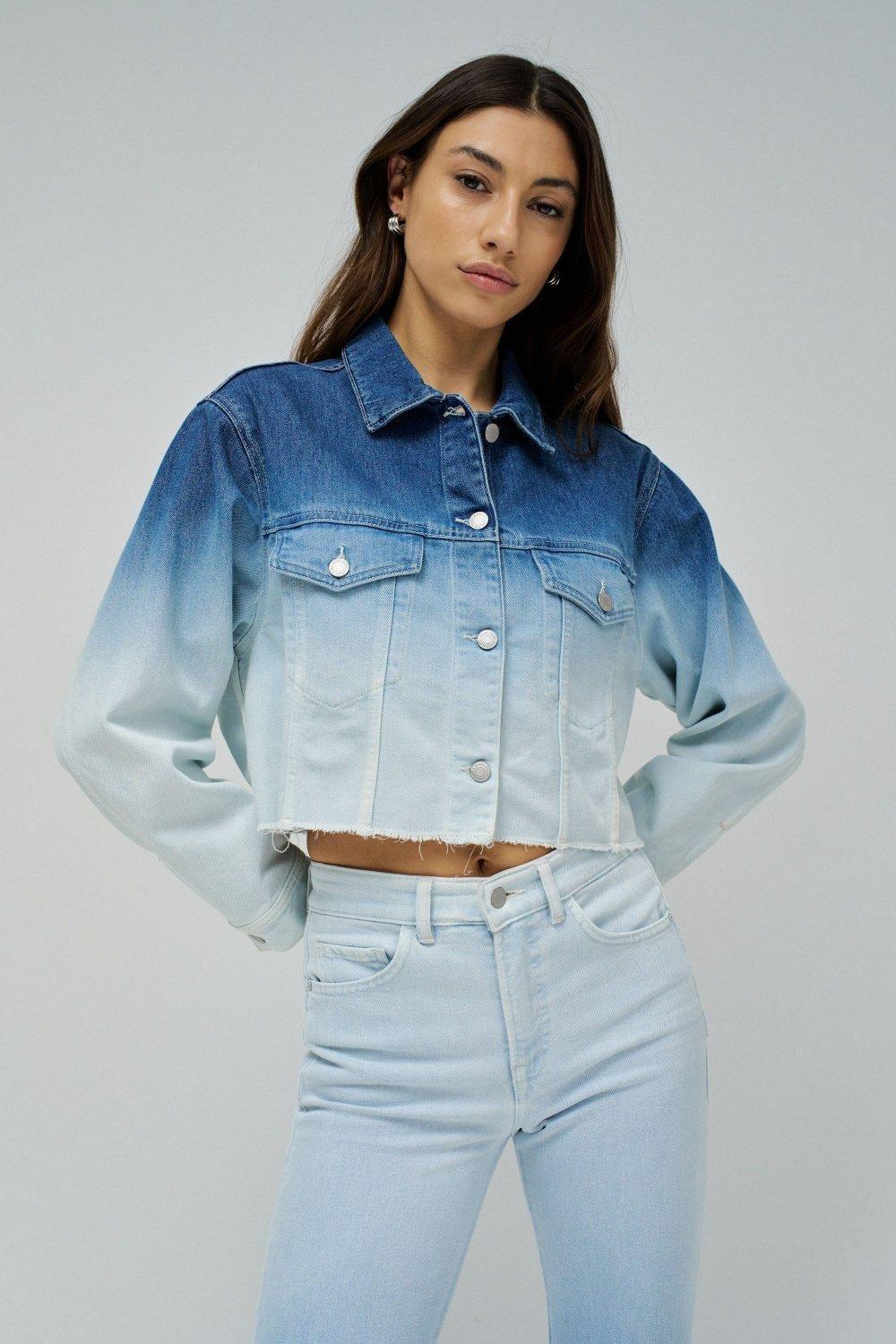 Blue  Block Cropped Jacket, , medium
