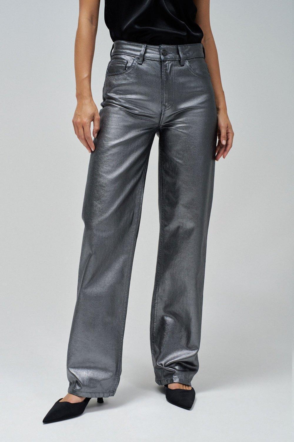 Grey Denim Wide-Leg Trousers, , medium