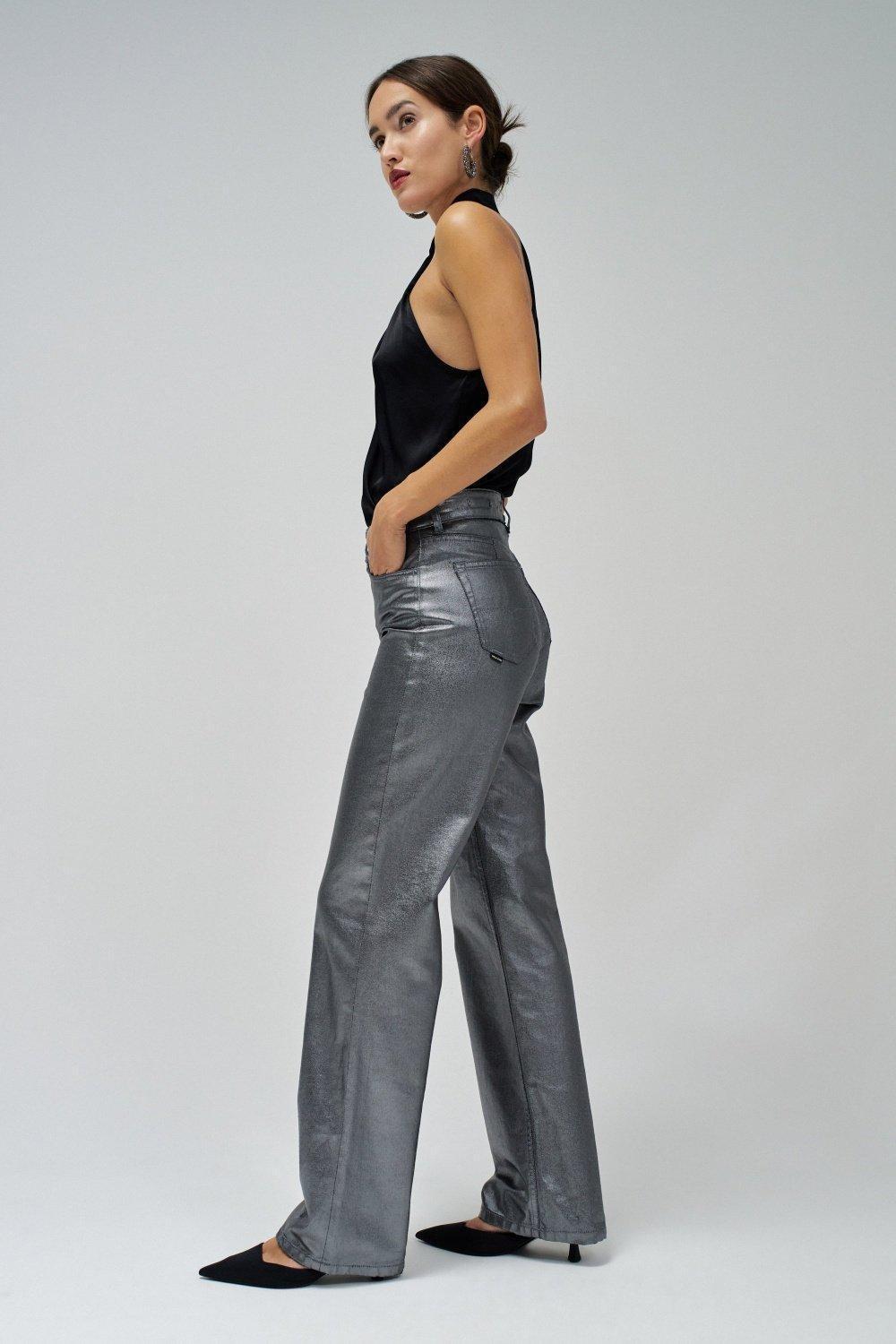 Grey Denim Wide-Leg Trousers, , large image number 2