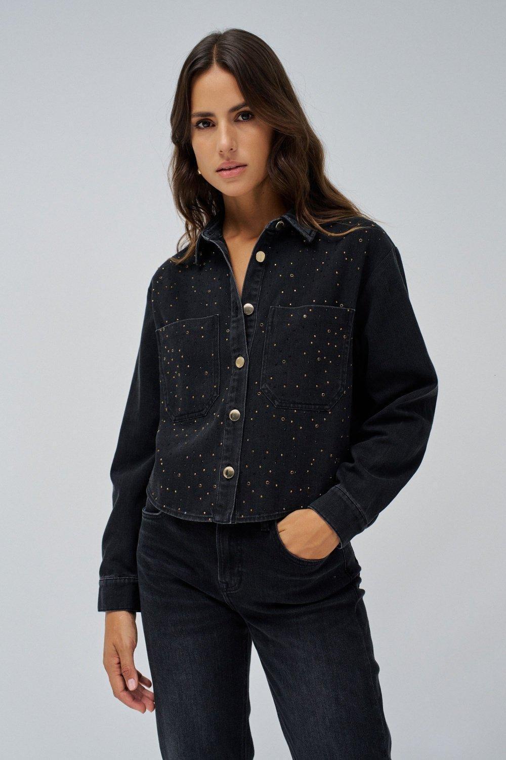 Denim Shirt With Sparkles, Black, large image number 0
