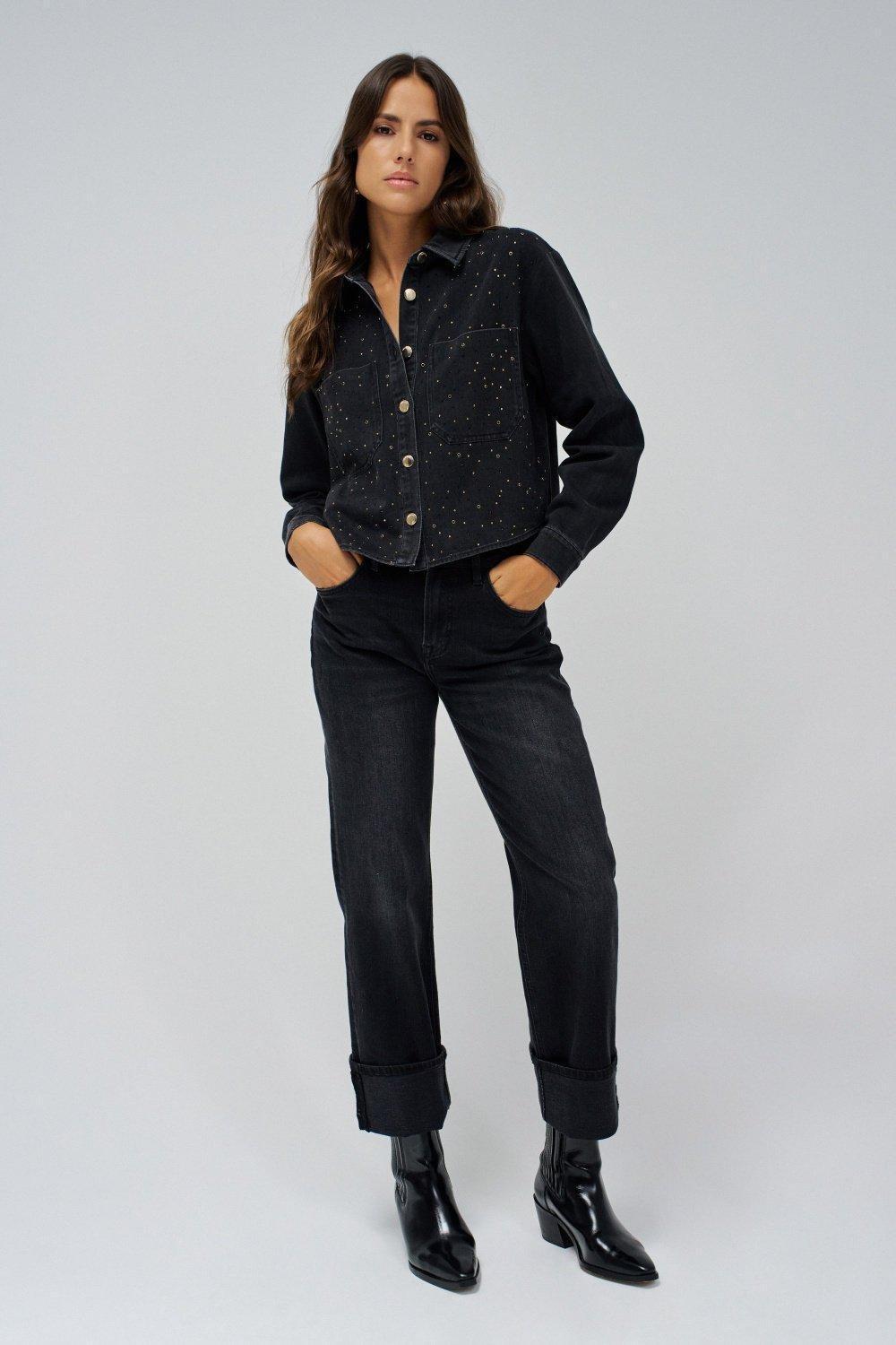 Denim Shirt With Sparkles, Black, large image number 1