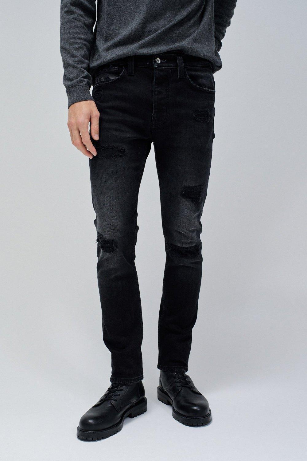 Black Textured Ripped Ankle-Length Jeans, , medium