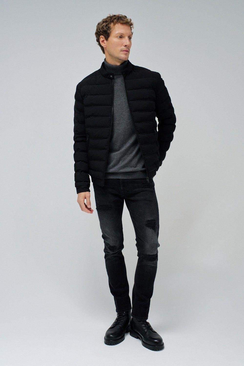 Black Textured Ripped Ankle-Length Jeans, , large image number 1