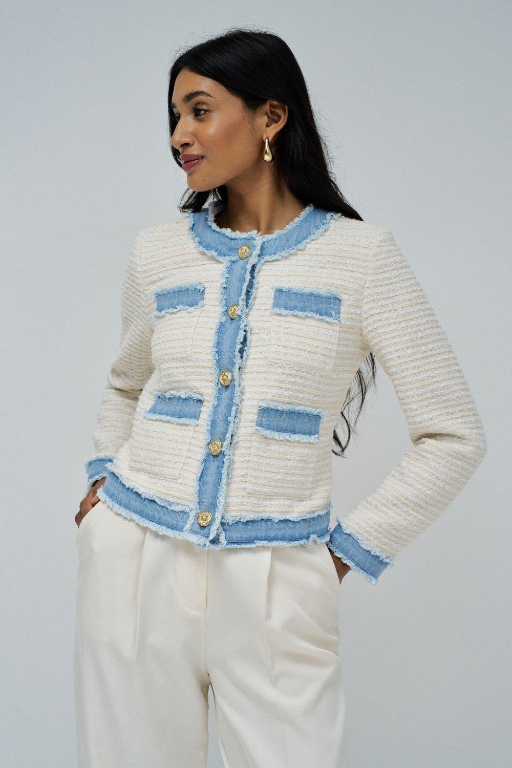 Tweed Jacket Details In Denim, White, large image number 0