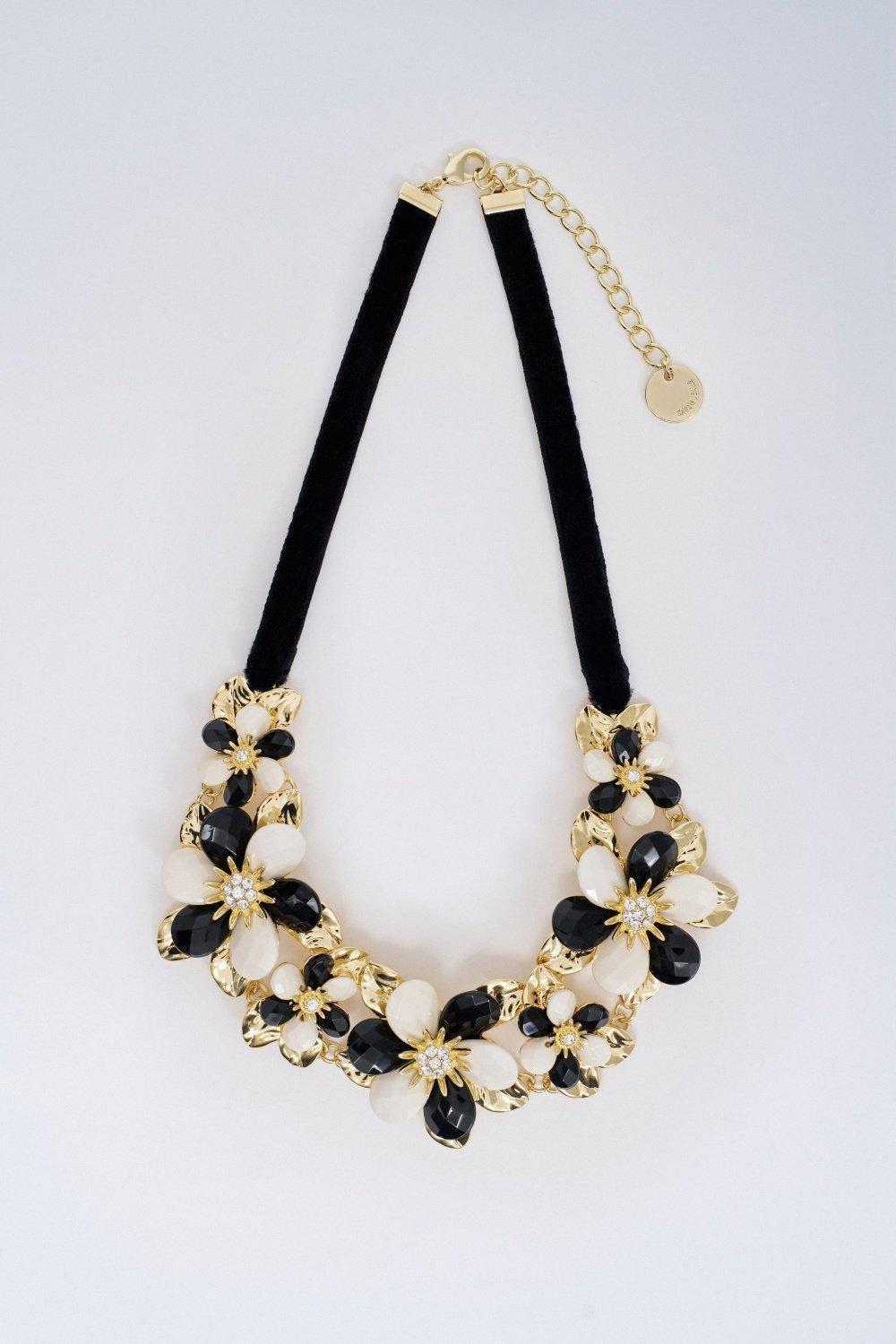 Velvet Ribbon And Flower Necklace, Gold, medium