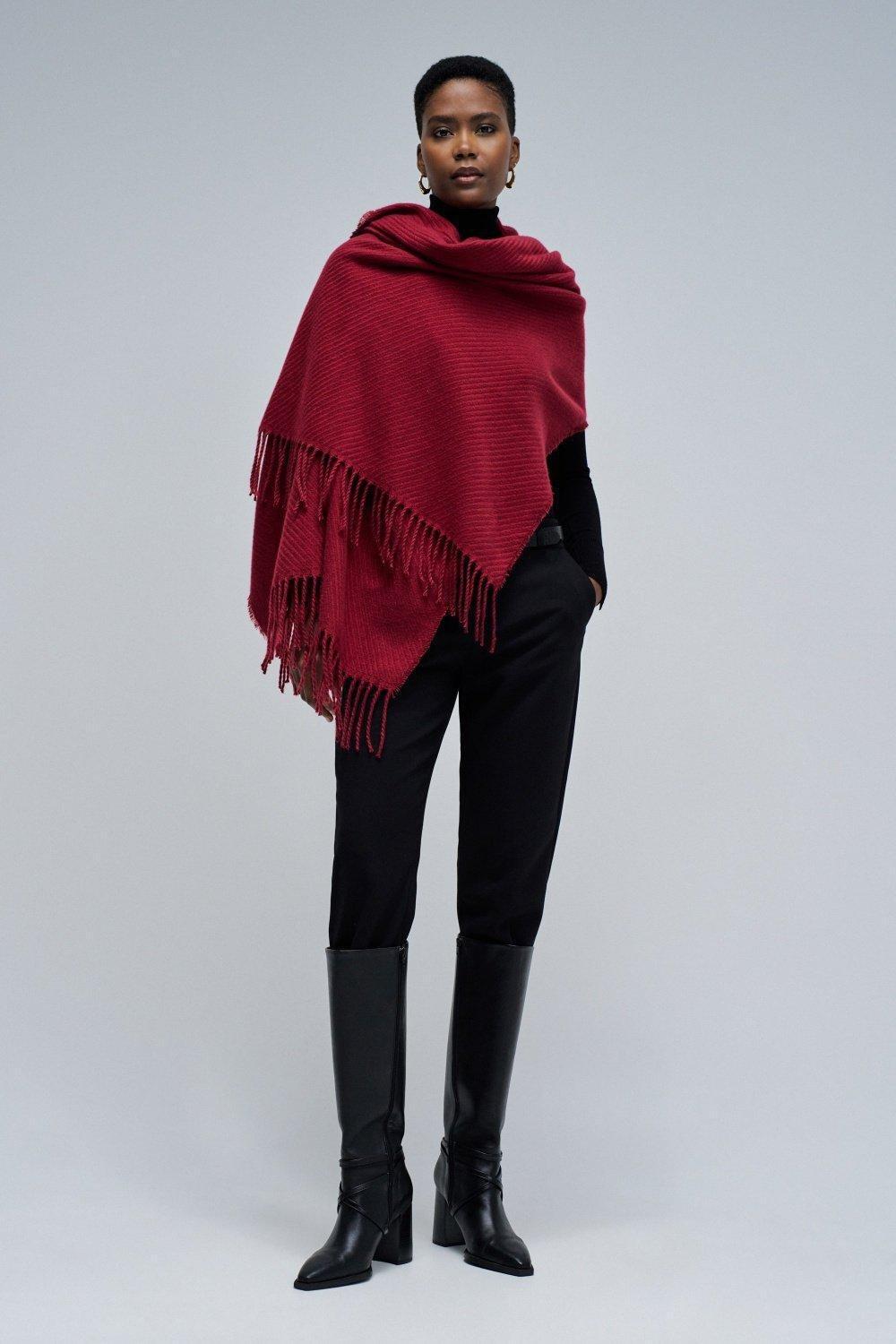 Scarf With Fringes , Red, medium